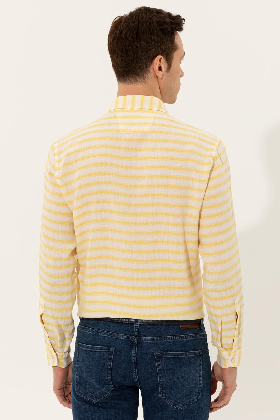 Sarı Keten Karışımlı Slim Fit Uzun Kollu Gömlek - 50247552065