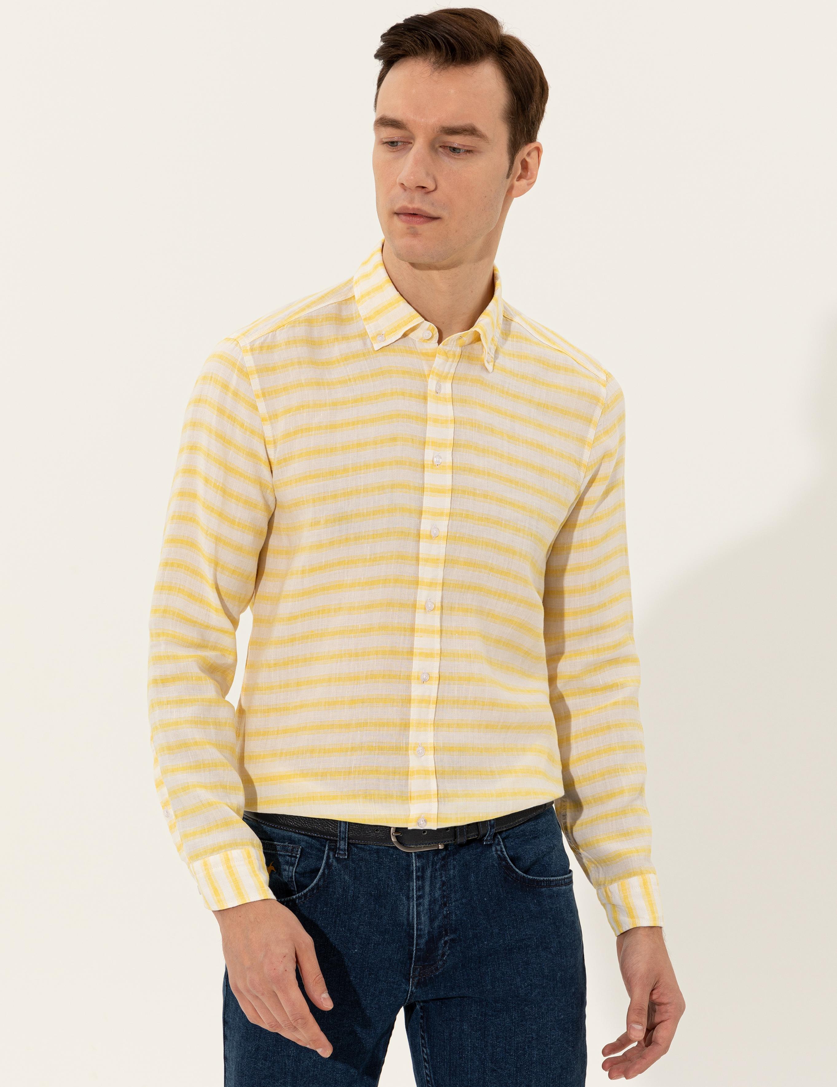 Sarı Keten Karışımlı Slim Fit Uzun Kollu Gömlek - 50247552065