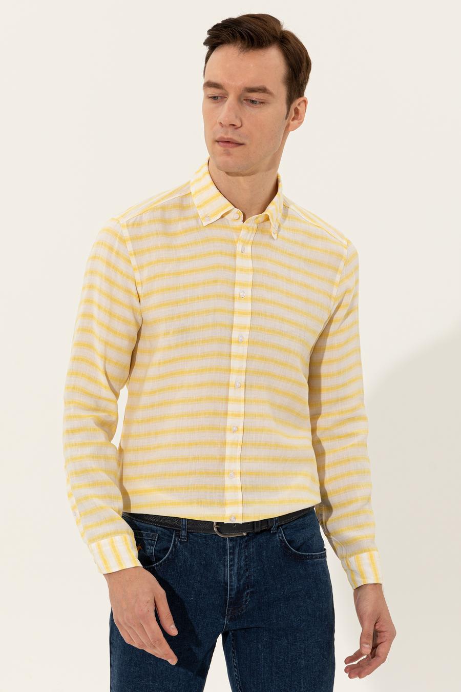 Sarı Keten Karışımlı Slim Fit Uzun Kollu Gömlek - 50247552065
