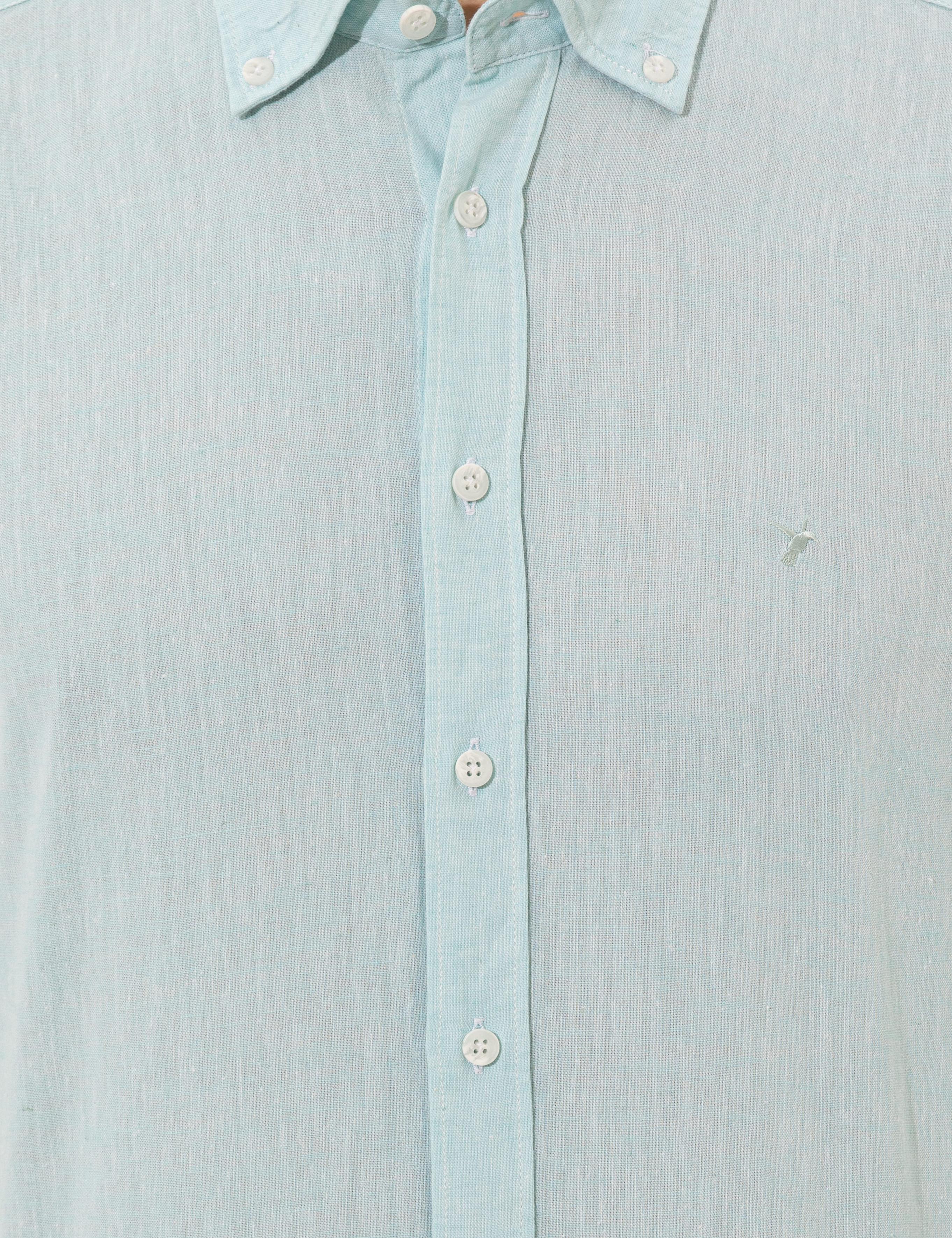 Açık Mavi Keten Karışımlı Slim Fit Uzun Kollu Gömlek - 50250813597