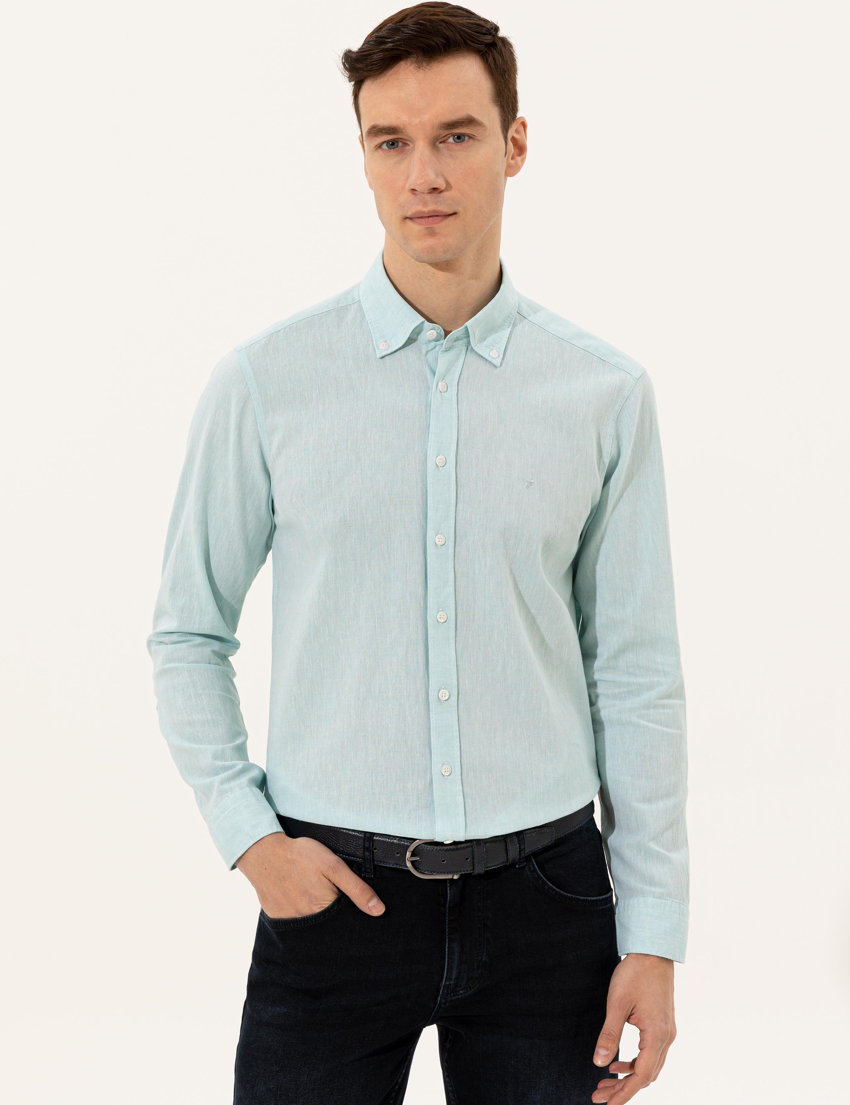 Açık Mavi Keten Karışımlı Slim Fit Uzun Kollu Gömlek - 50250813597