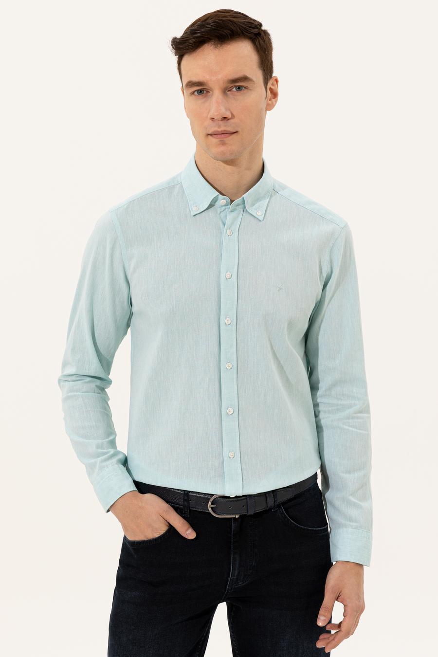 Açık Mavi Keten Karışımlı Slim Fit Uzun Kollu Gömlek - 50250813597