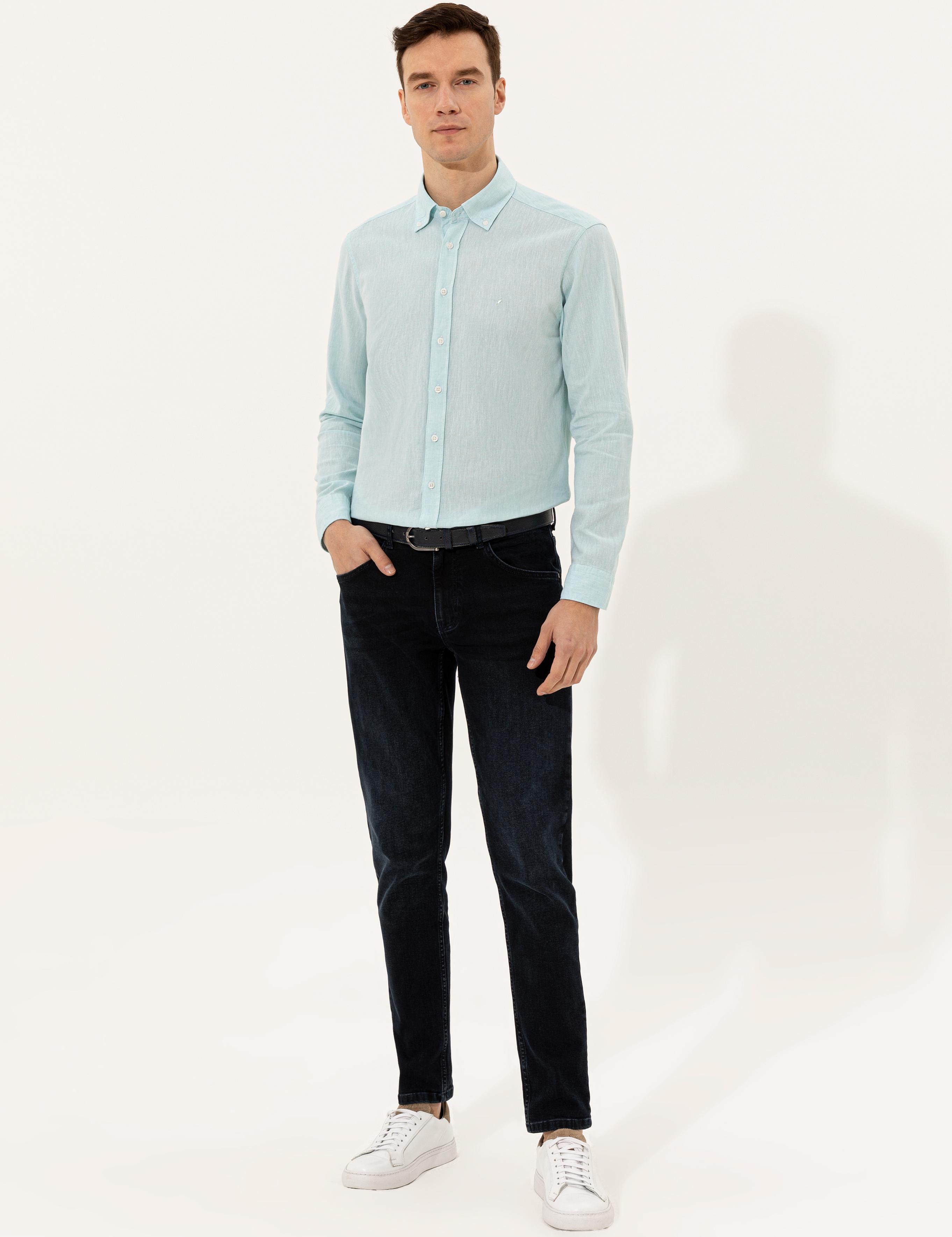 Açık Mavi Keten Karışımlı Slim Fit Uzun Kollu Gömlek - 50250813597