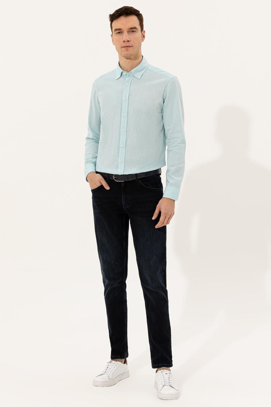 Açık Mavi Keten Karışımlı Slim Fit Uzun Kollu Gömlek - 50250813597