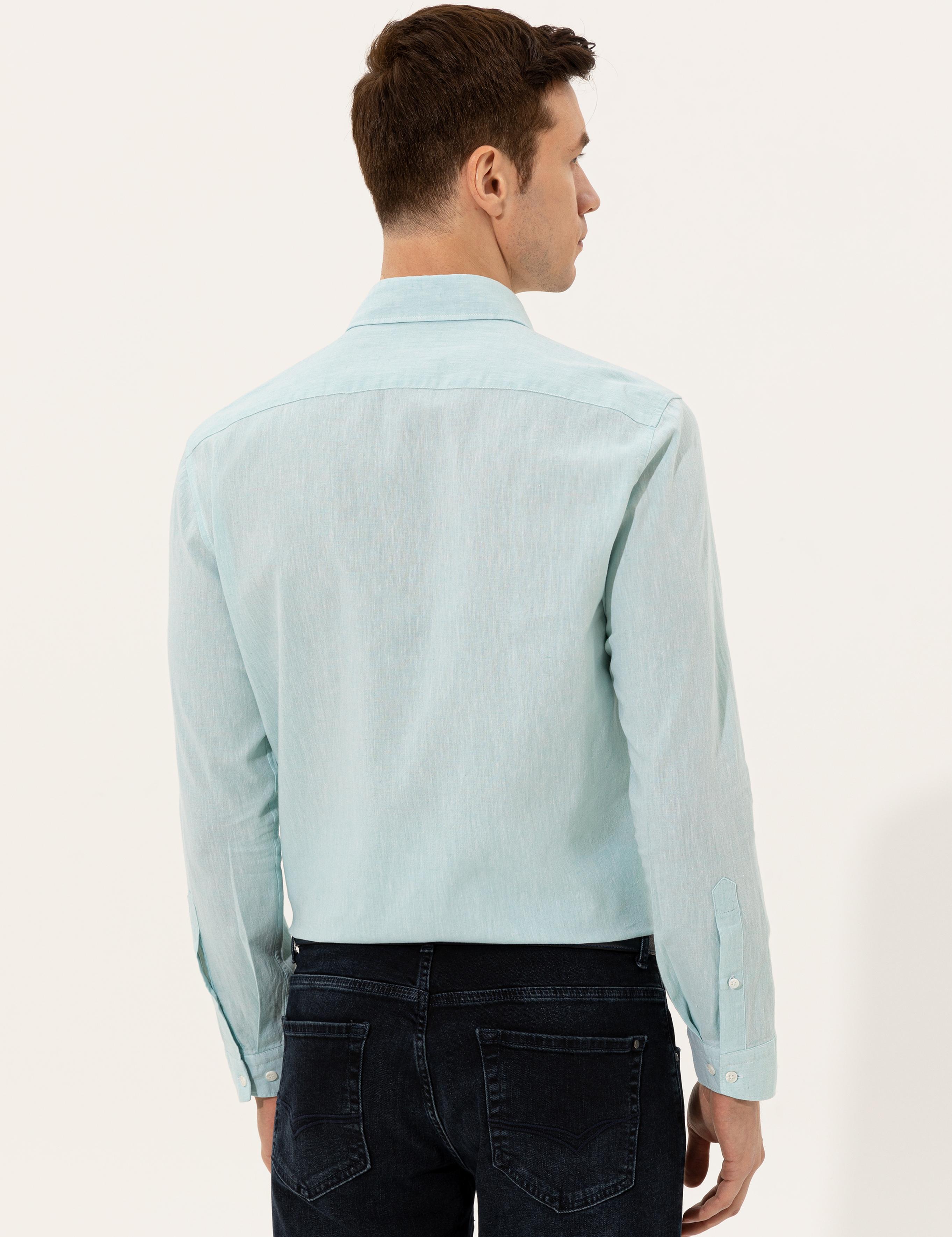 Açık Mavi Keten Karışımlı Slim Fit Uzun Kollu Gömlek - 50250813597