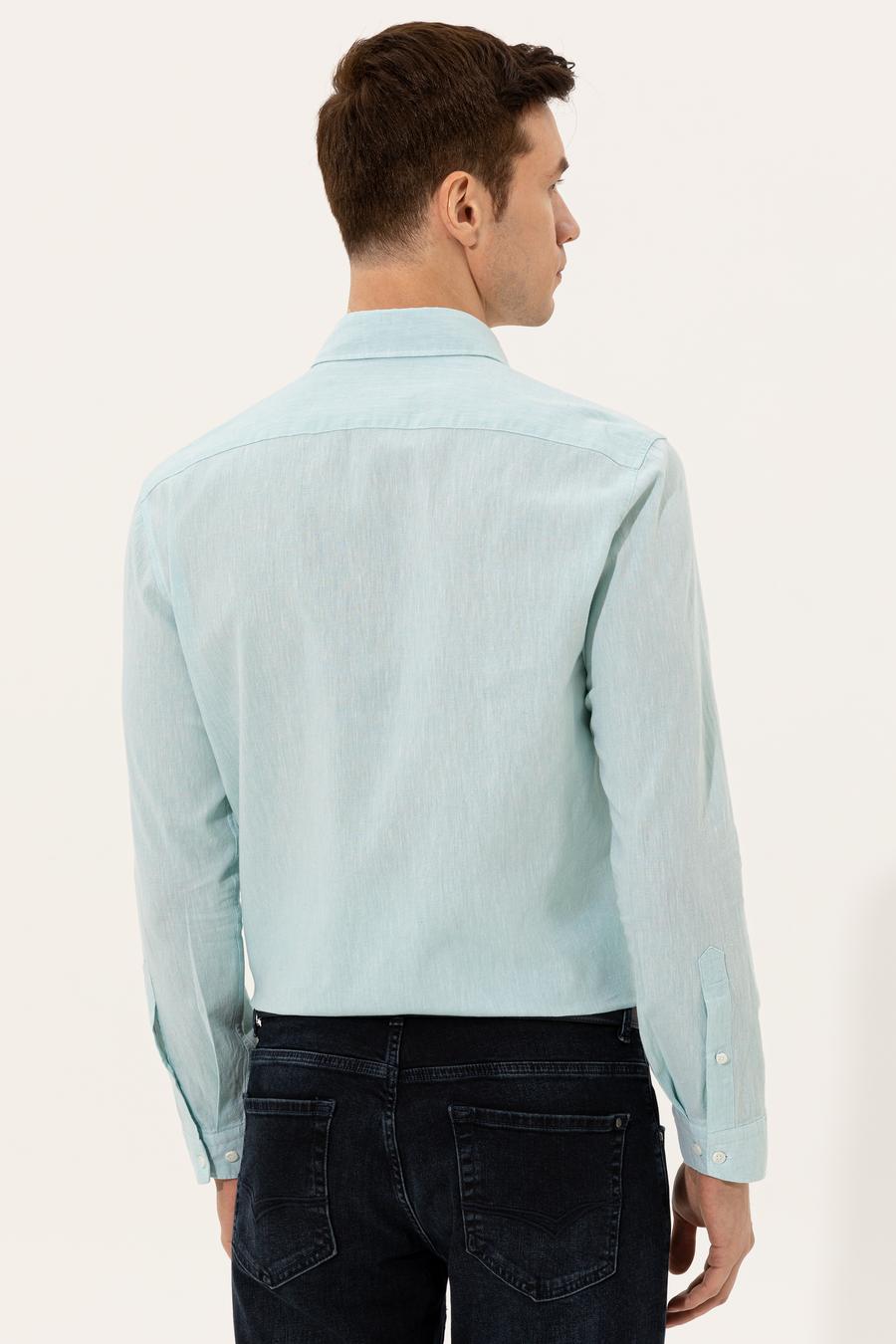 Açık Mavi Keten Karışımlı Slim Fit Uzun Kollu Gömlek - 50250813597