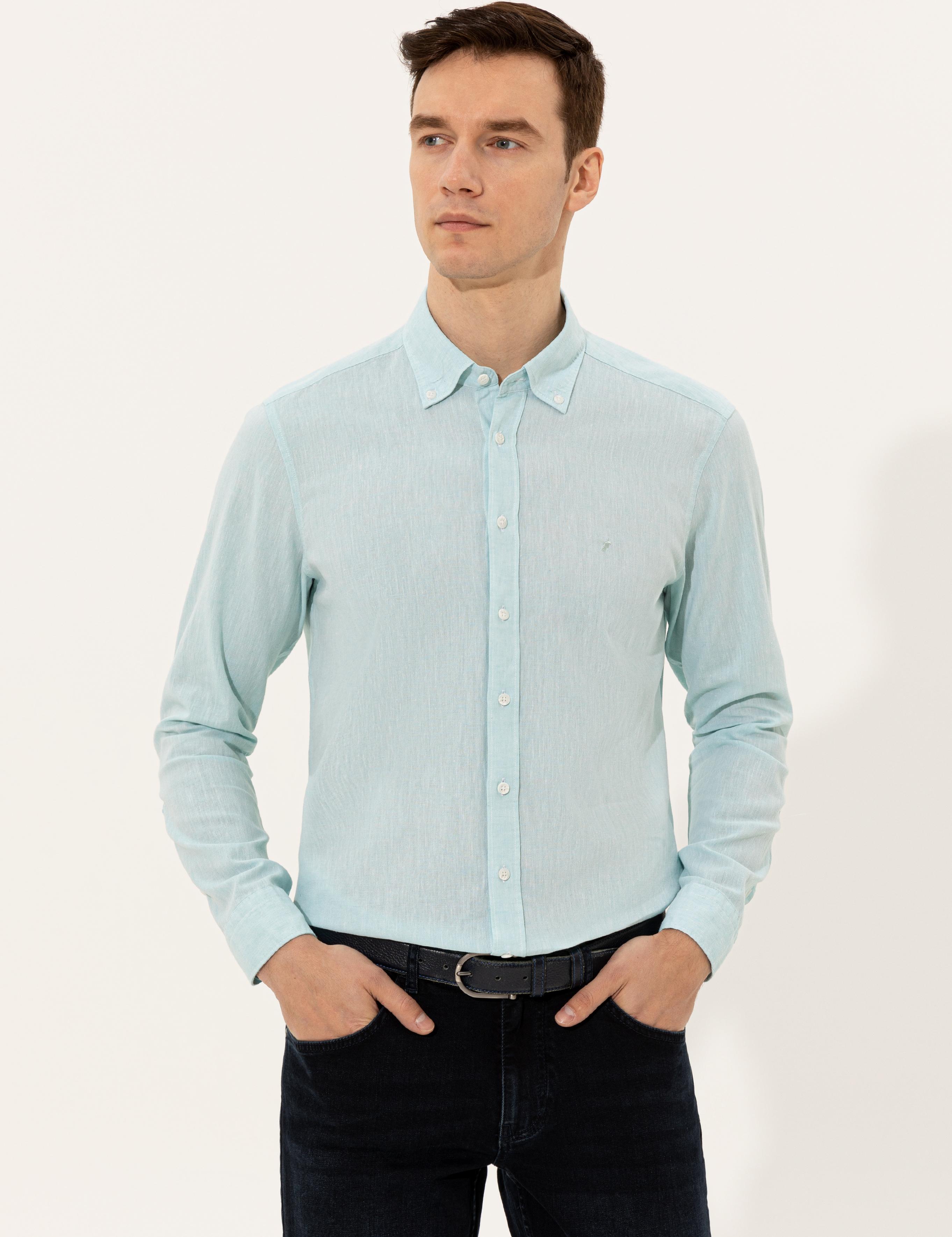 Açık Mavi Keten Karışımlı Slim Fit Uzun Kollu Gömlek - 50250813597