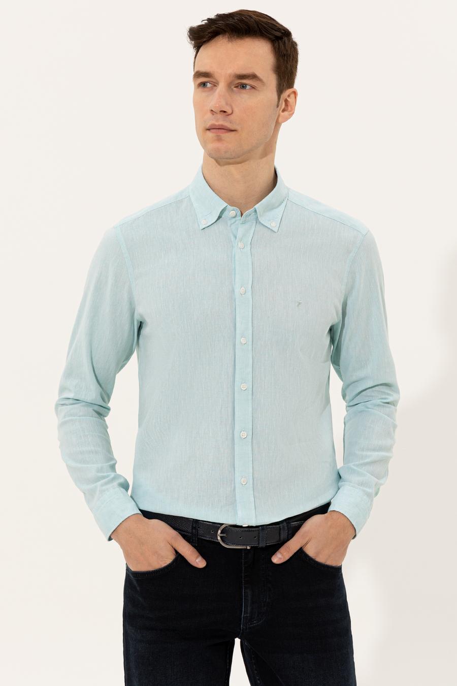 Açık Mavi Keten Karışımlı Slim Fit Uzun Kollu Gömlek - 50250813597