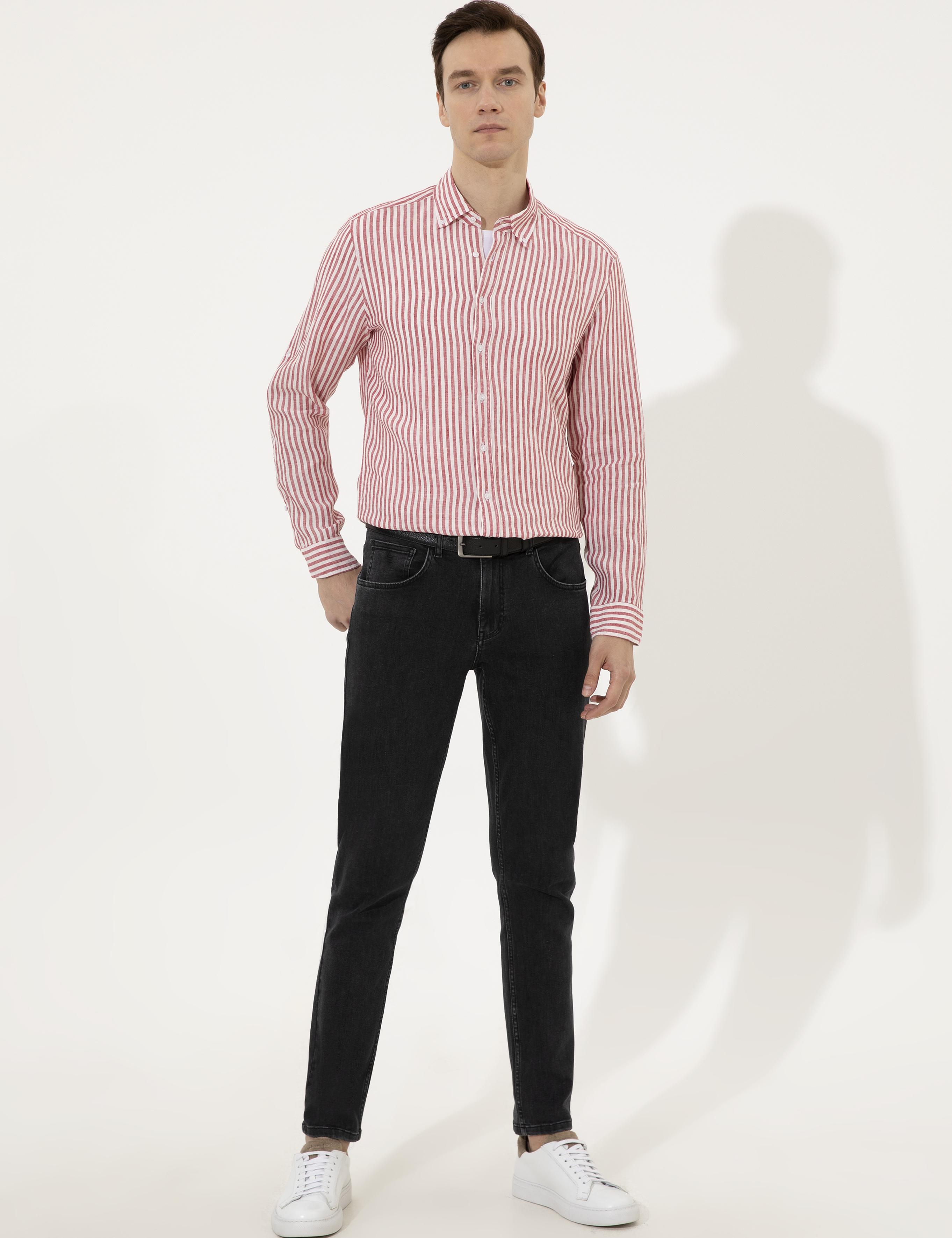 Kırmızı Slim Fit Uzun Kollu Çizgili Keten Gömlek - 50247988086