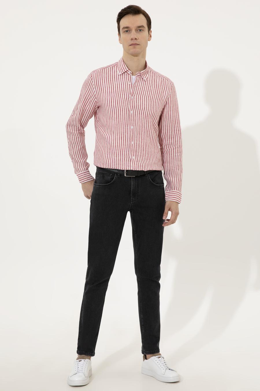 Kırmızı Slim Fit Uzun Kollu Çizgili Keten Gömlek - 50247988086