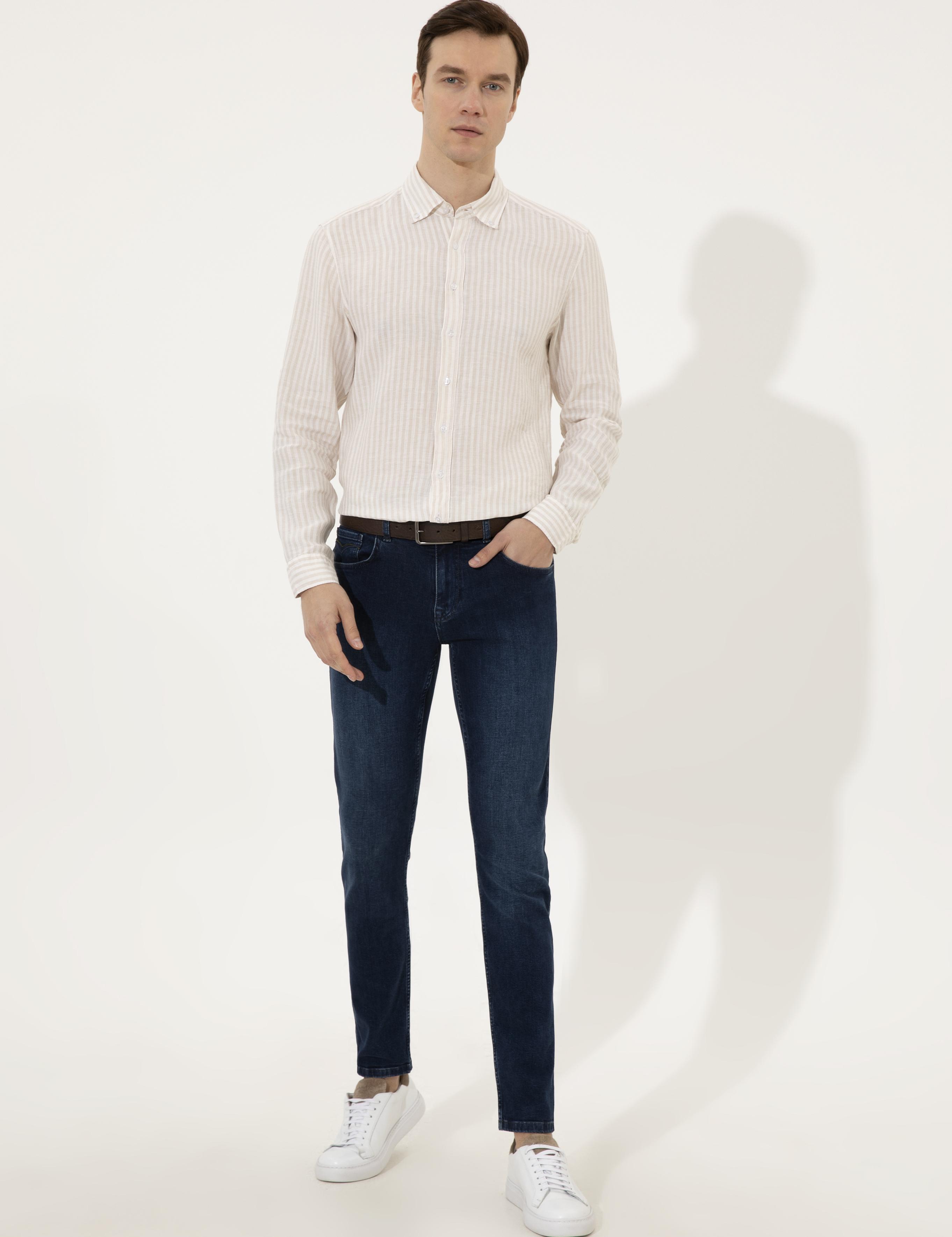 Bej Slim Fit Uzun Kollu Keten Gömlek - 50247988075