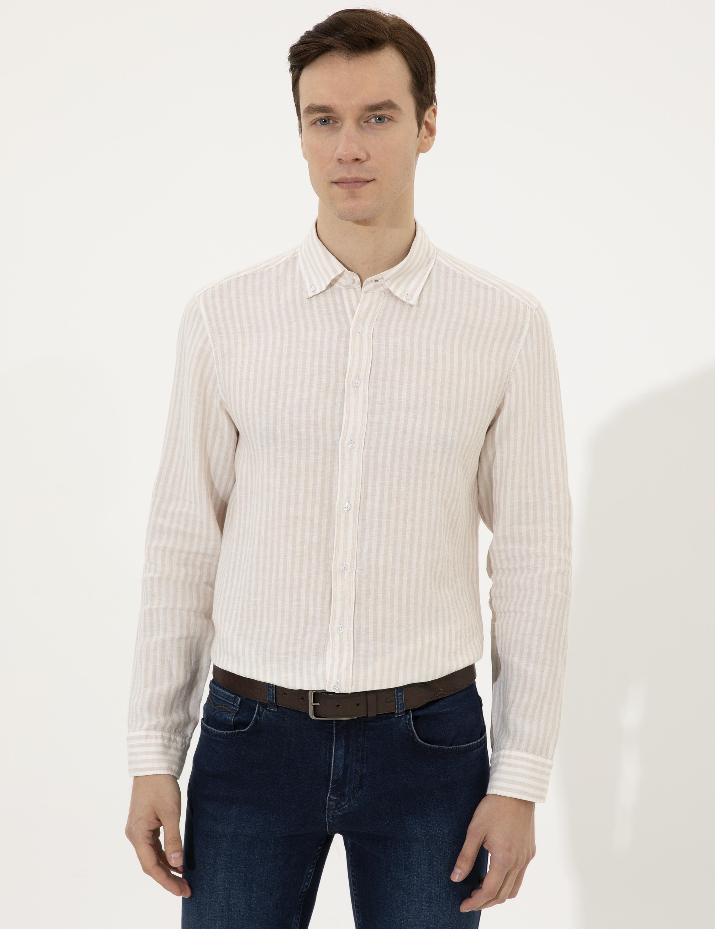 Bej Slim Fit Uzun Kollu Keten Gömlek - 50247988075