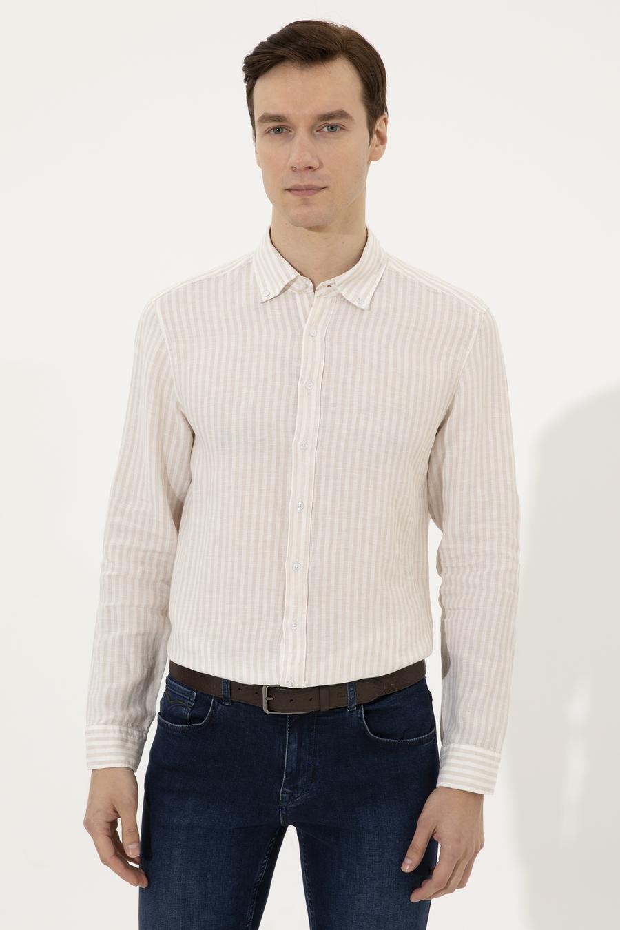 Bej Slim Fit Uzun Kollu Keten Gömlek - 50247988075