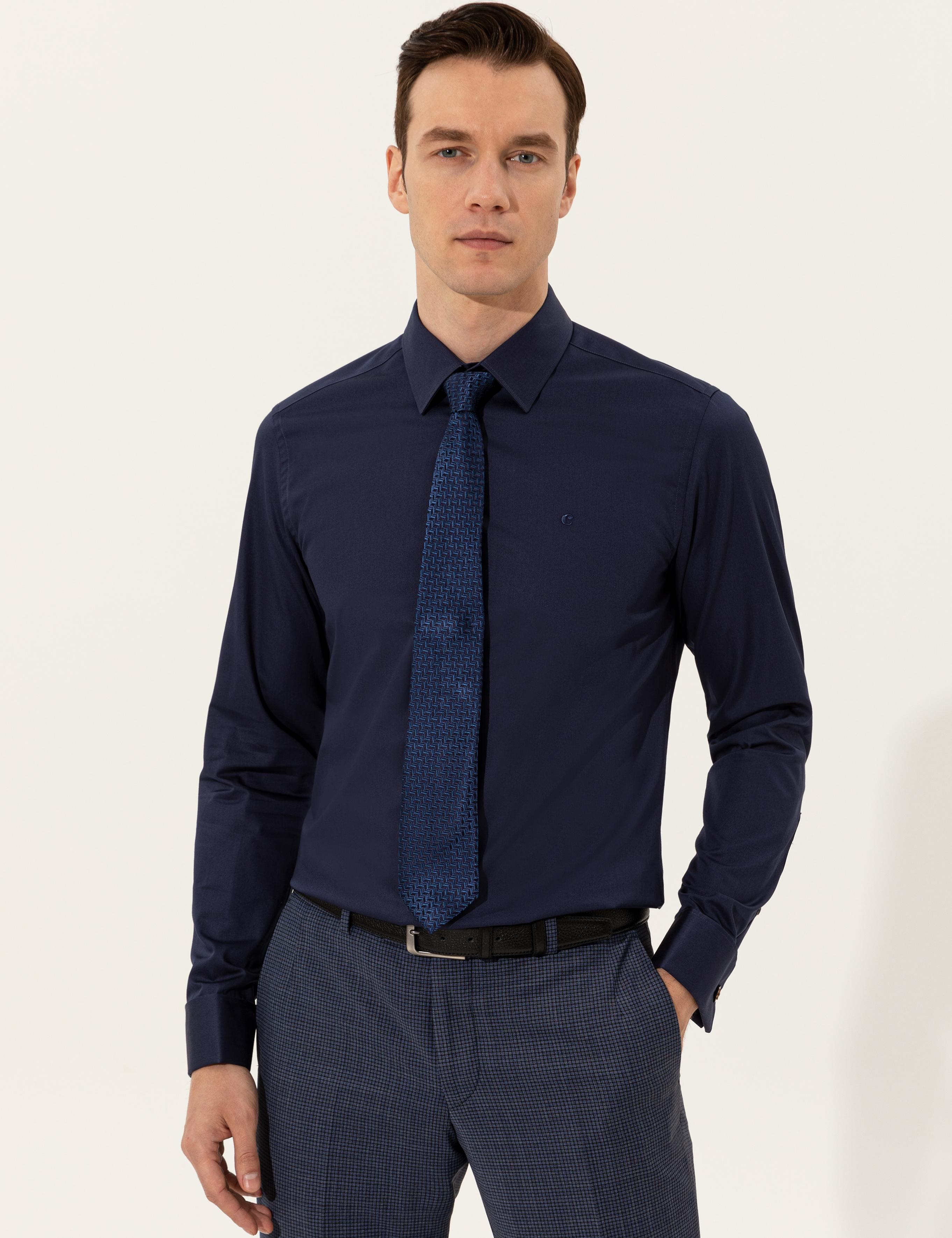 Lacivert Slim Fit Uzun Kollu Basic Gömlek - 50223223065