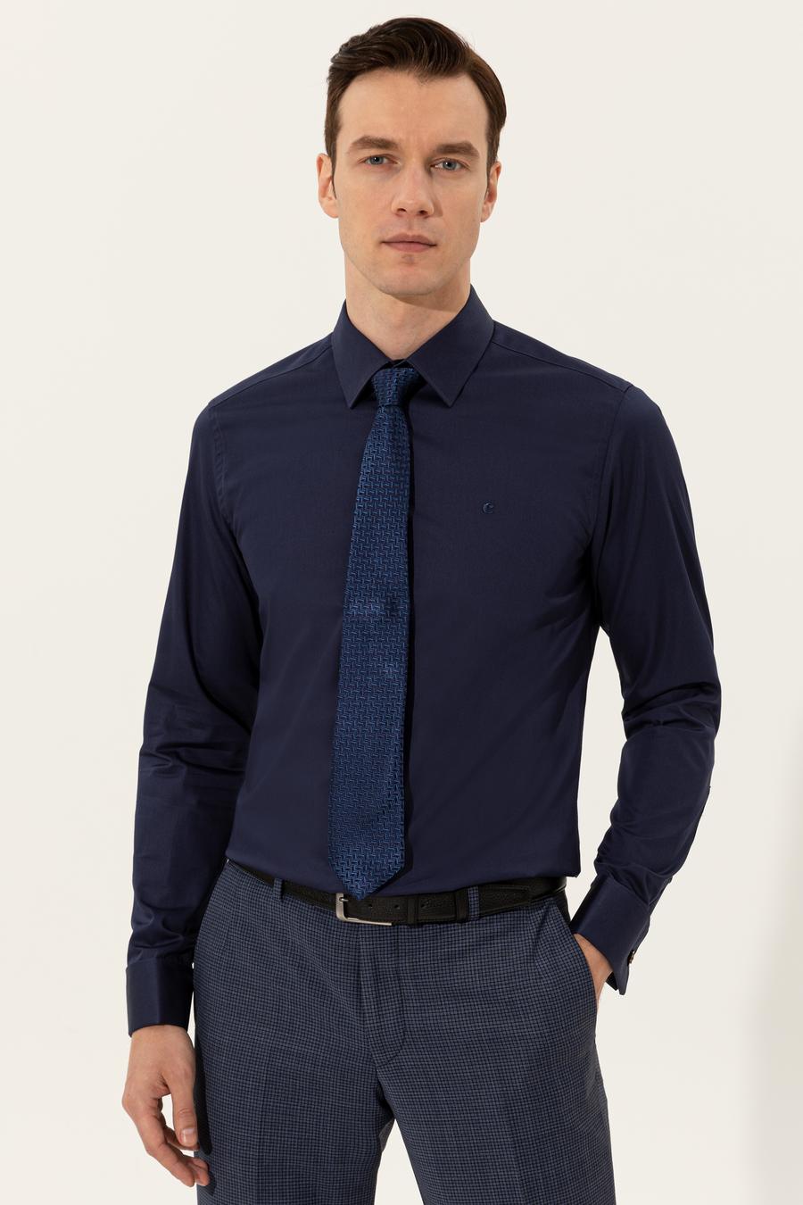 Lacivert Slim Fit Uzun Kollu Basic Gömlek - 50223223065