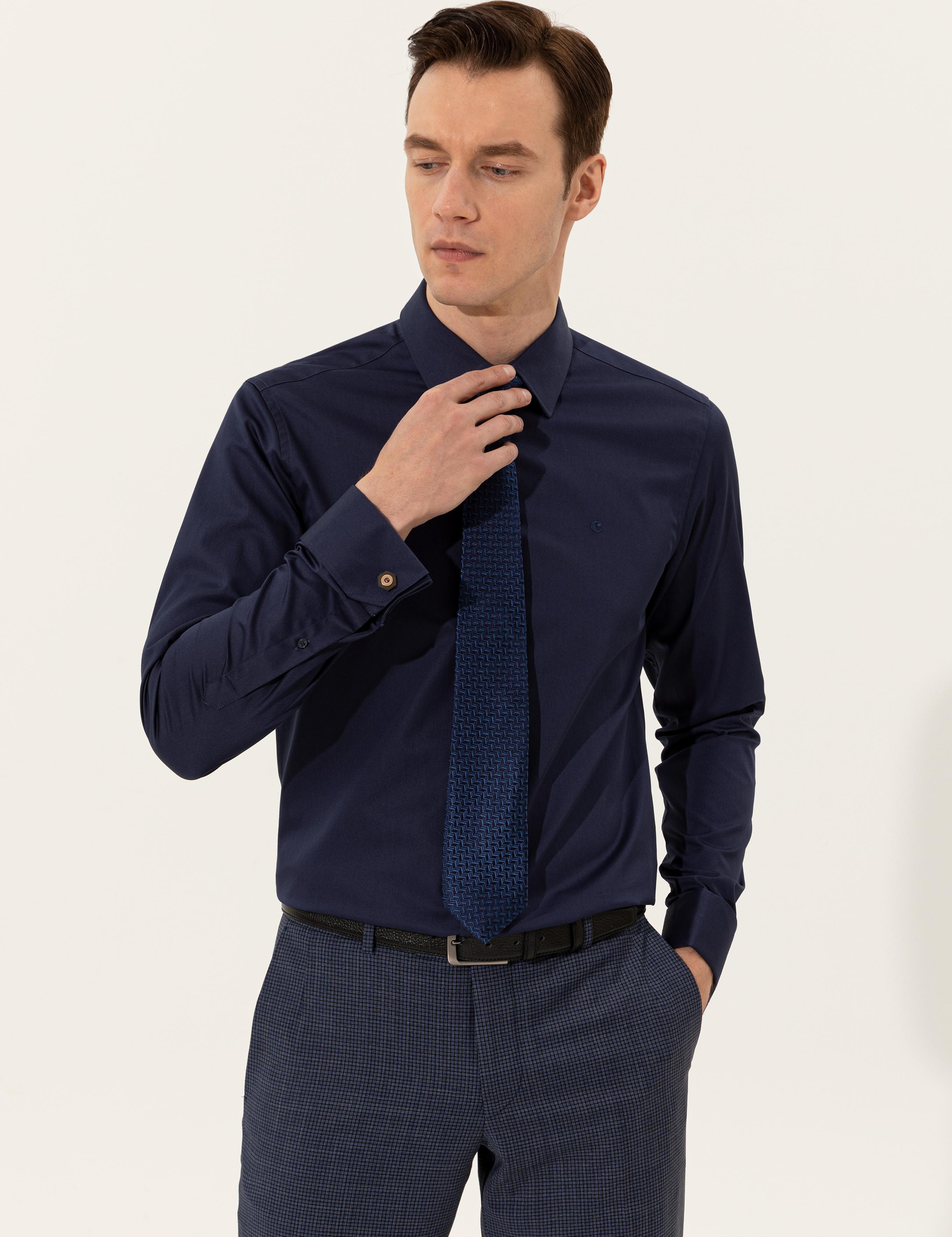 Lacivert Slim Fit Uzun Kollu Basic Gömlek - 50223223065