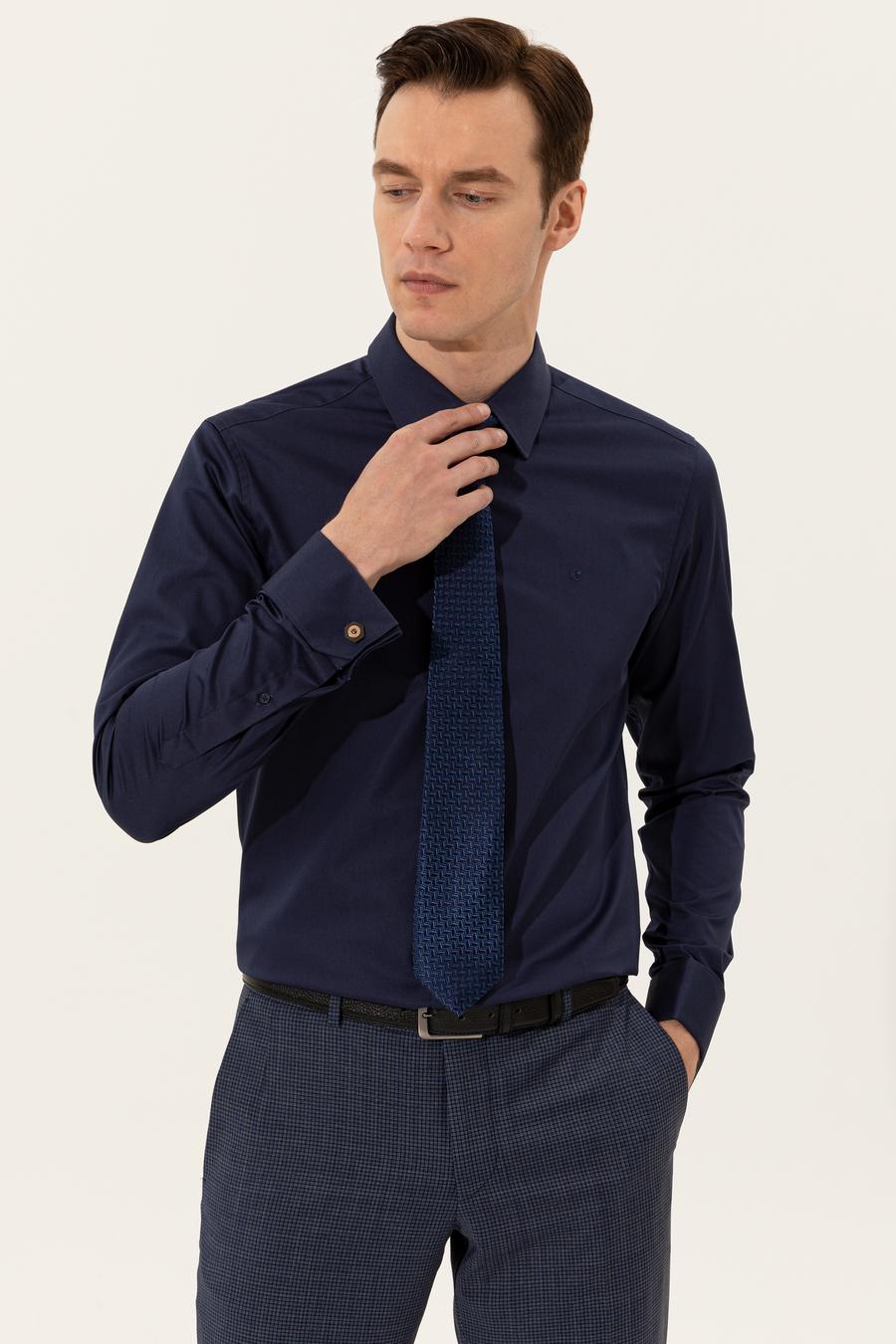 Lacivert Slim Fit Uzun Kollu Basic Gömlek - 50223223065