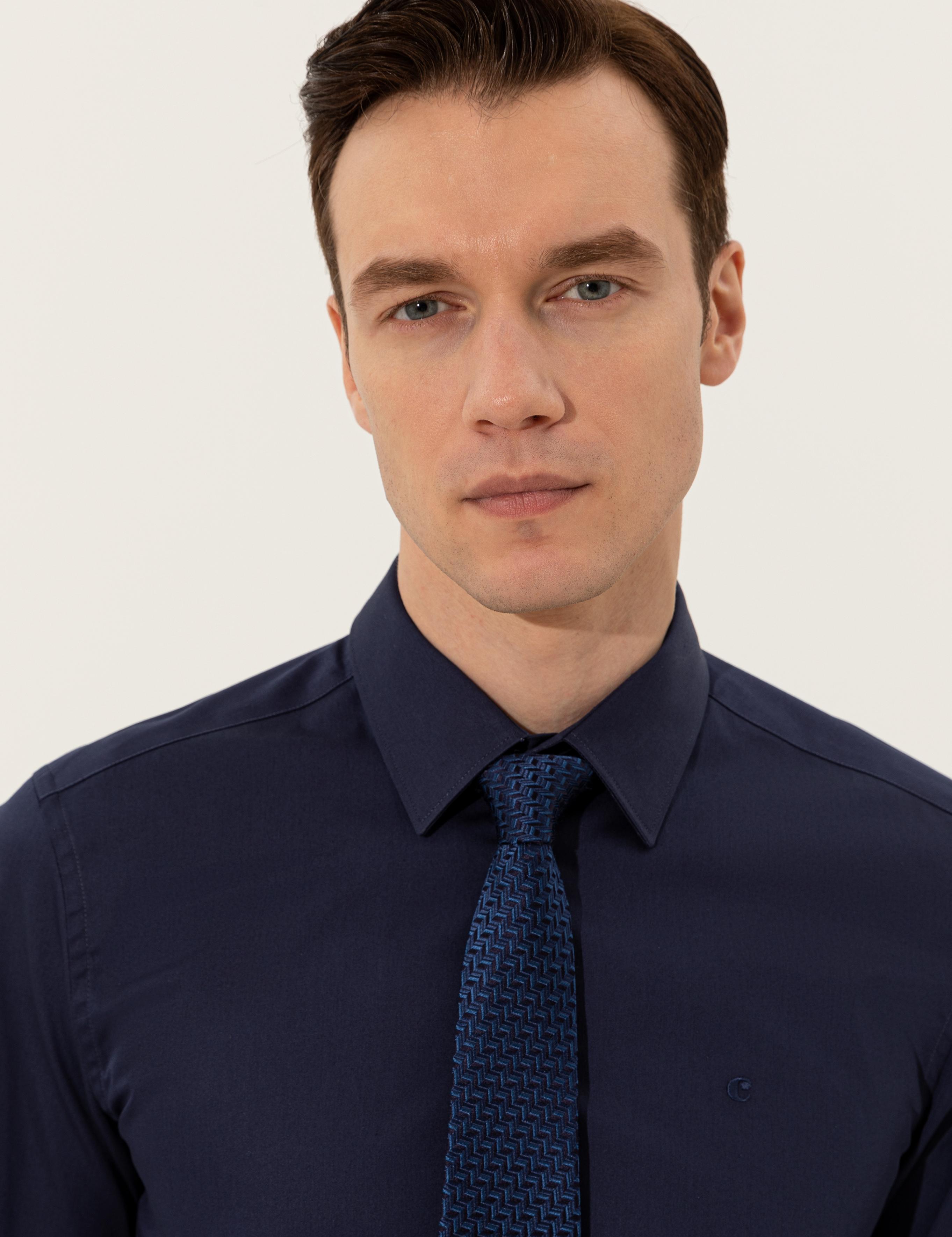 Lacivert Slim Fit Uzun Kollu Basic Gömlek - 50223223065