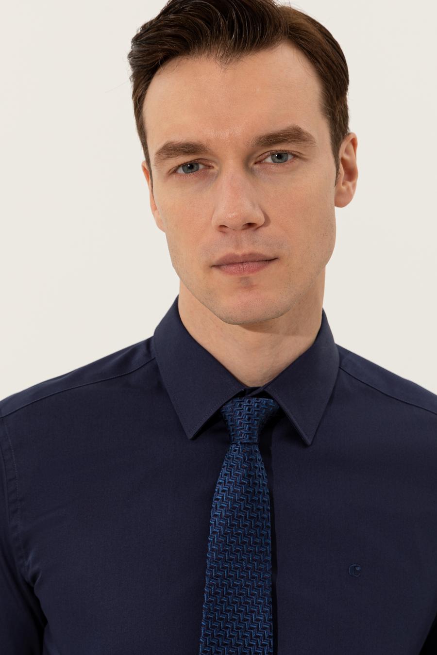 Lacivert Slim Fit Uzun Kollu Basic Gömlek - 50223223065