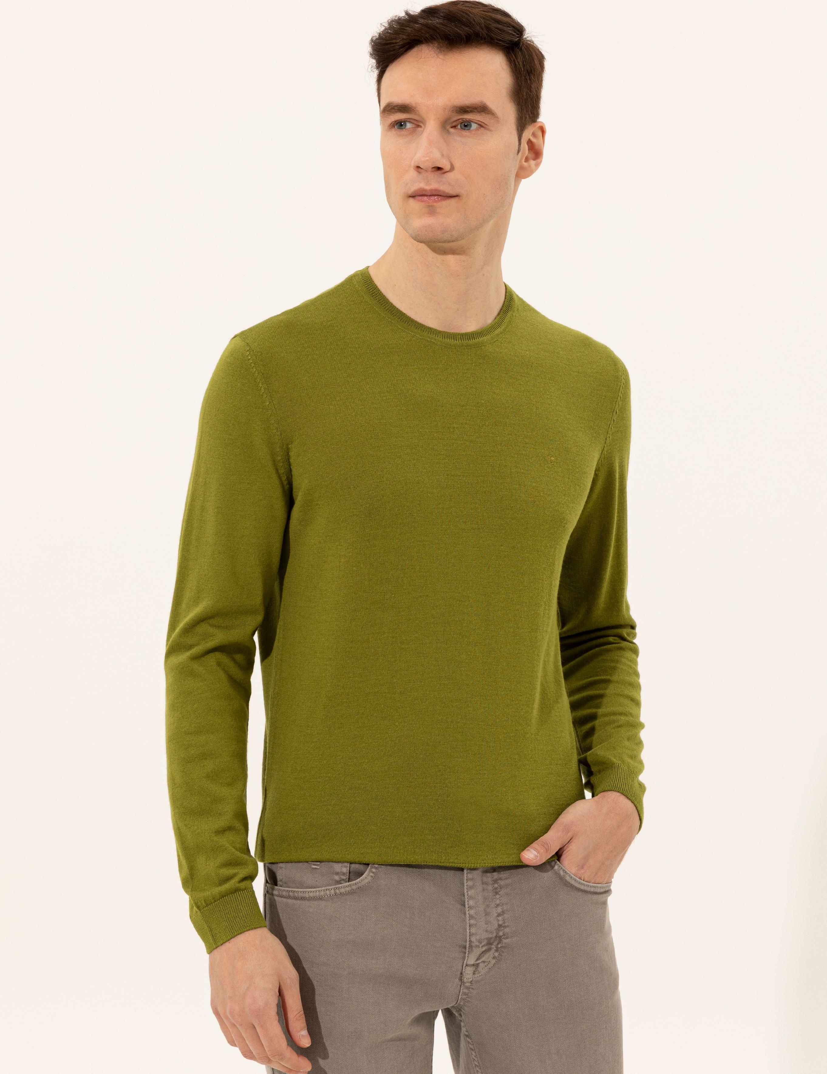 Yeşil Slim Fit Bisiklet Yaka Basic Triko Kazak - 50227052138
