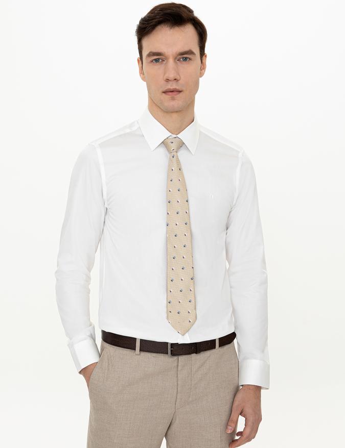 Ekru Slim Fit Uzun Kollu Basic Gömlek