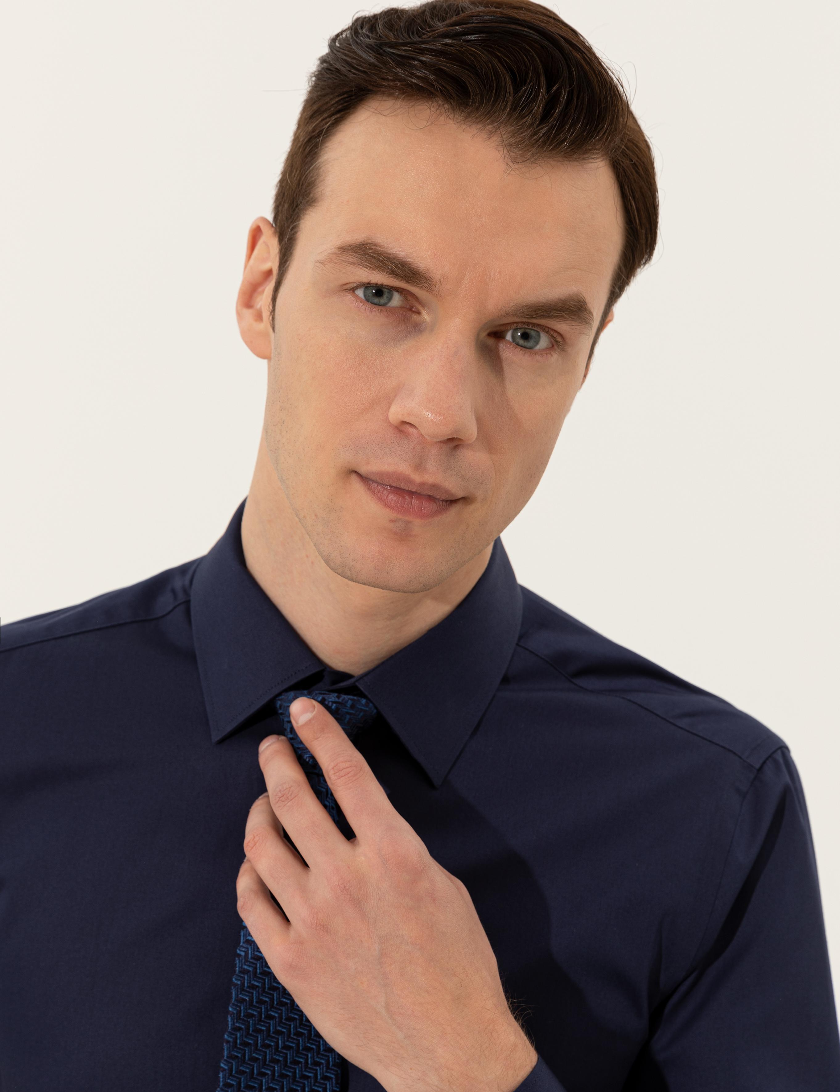 Lacivert Slim Fit Uzun Kollu Basic Gömlek - 50235530057