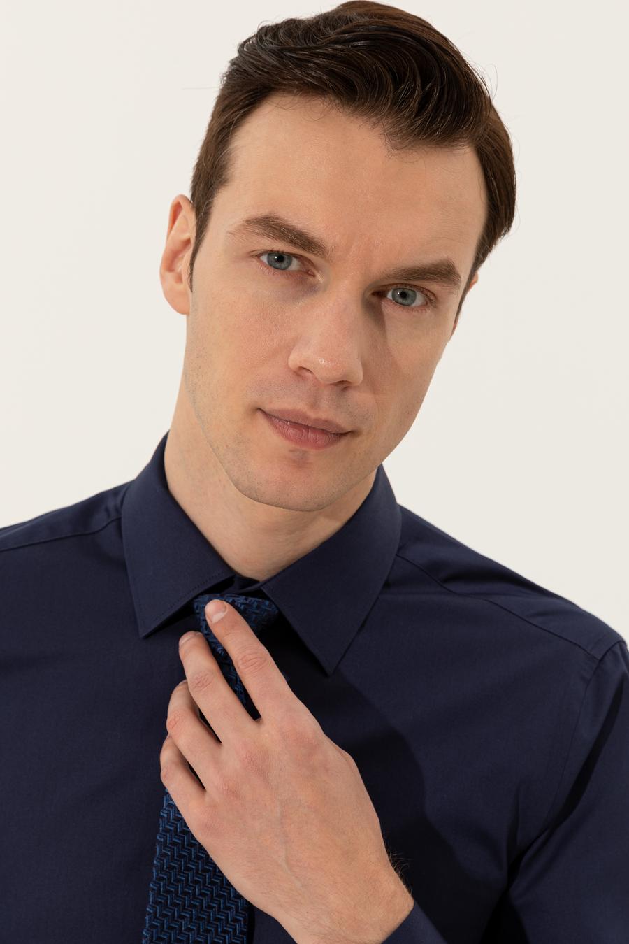 Lacivert Slim Fit Uzun Kollu Basic Gömlek - 50235530057