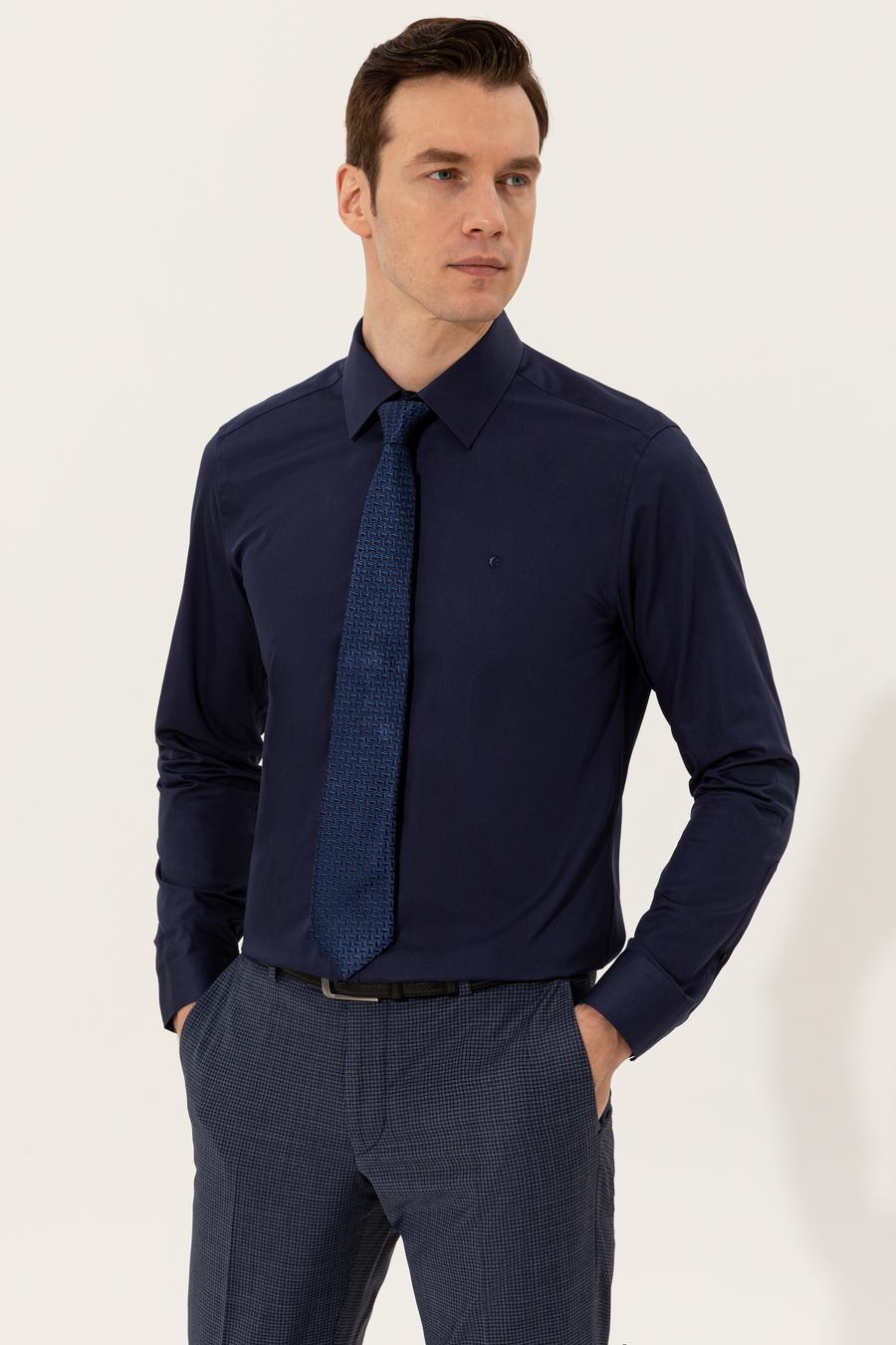 Lacivert Slim Fit Uzun Kollu Basic Gömlek - 50235530057