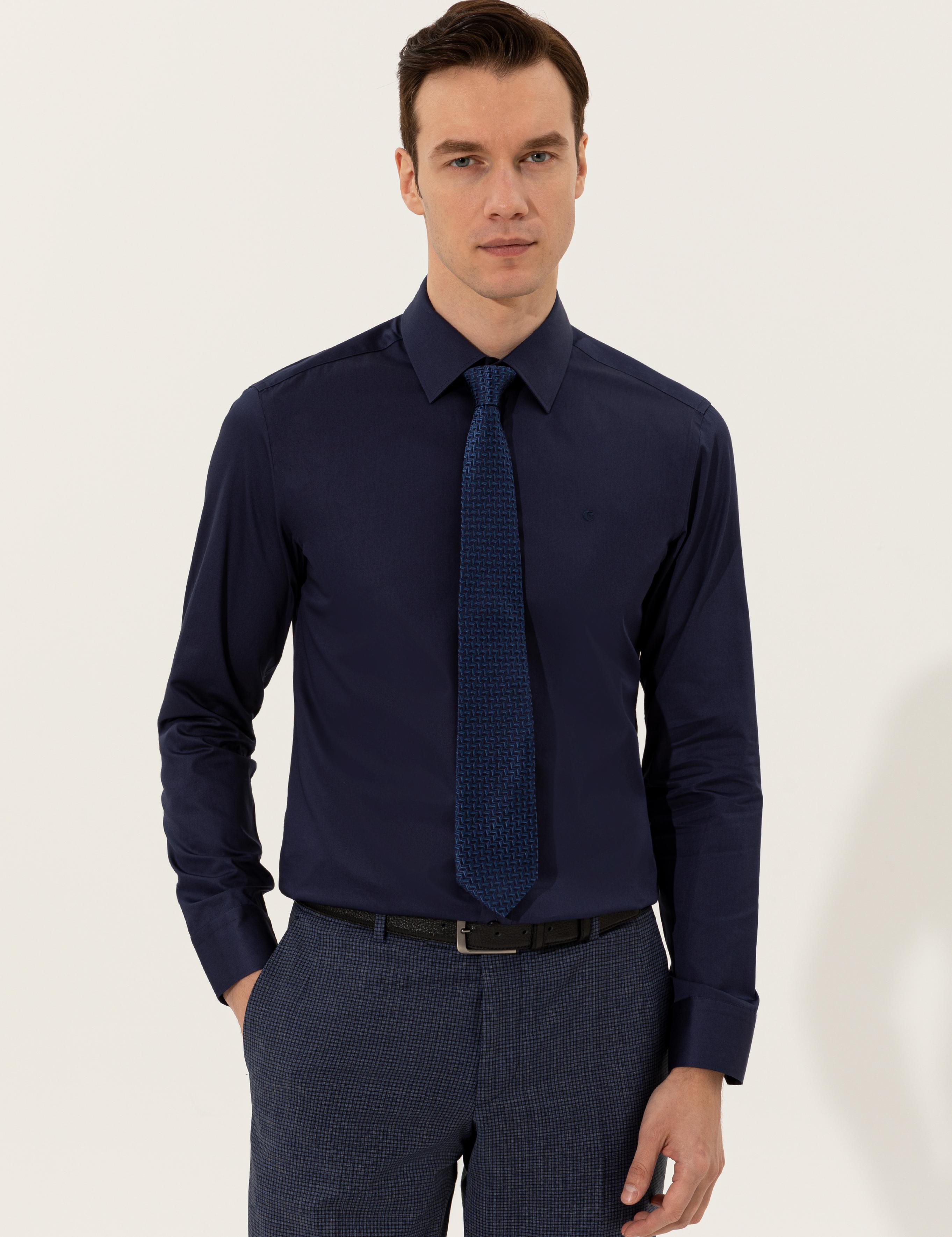 Lacivert Slim Fit Uzun Kollu Basic Gömlek - 50235530057