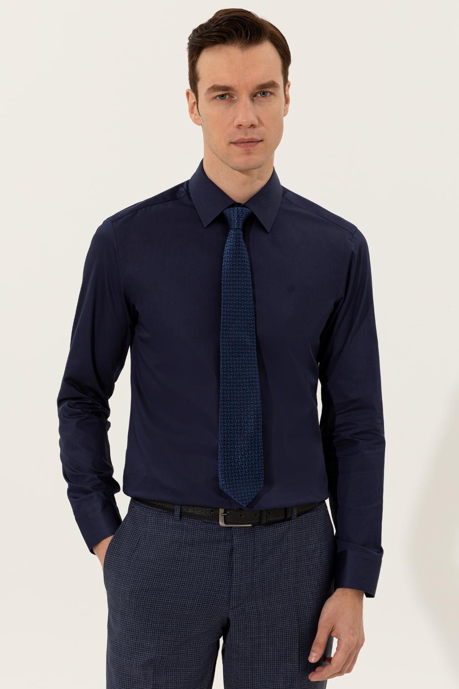 Lacivert Slim Fit Uzun Kollu Basic Gömlek - 50235530057