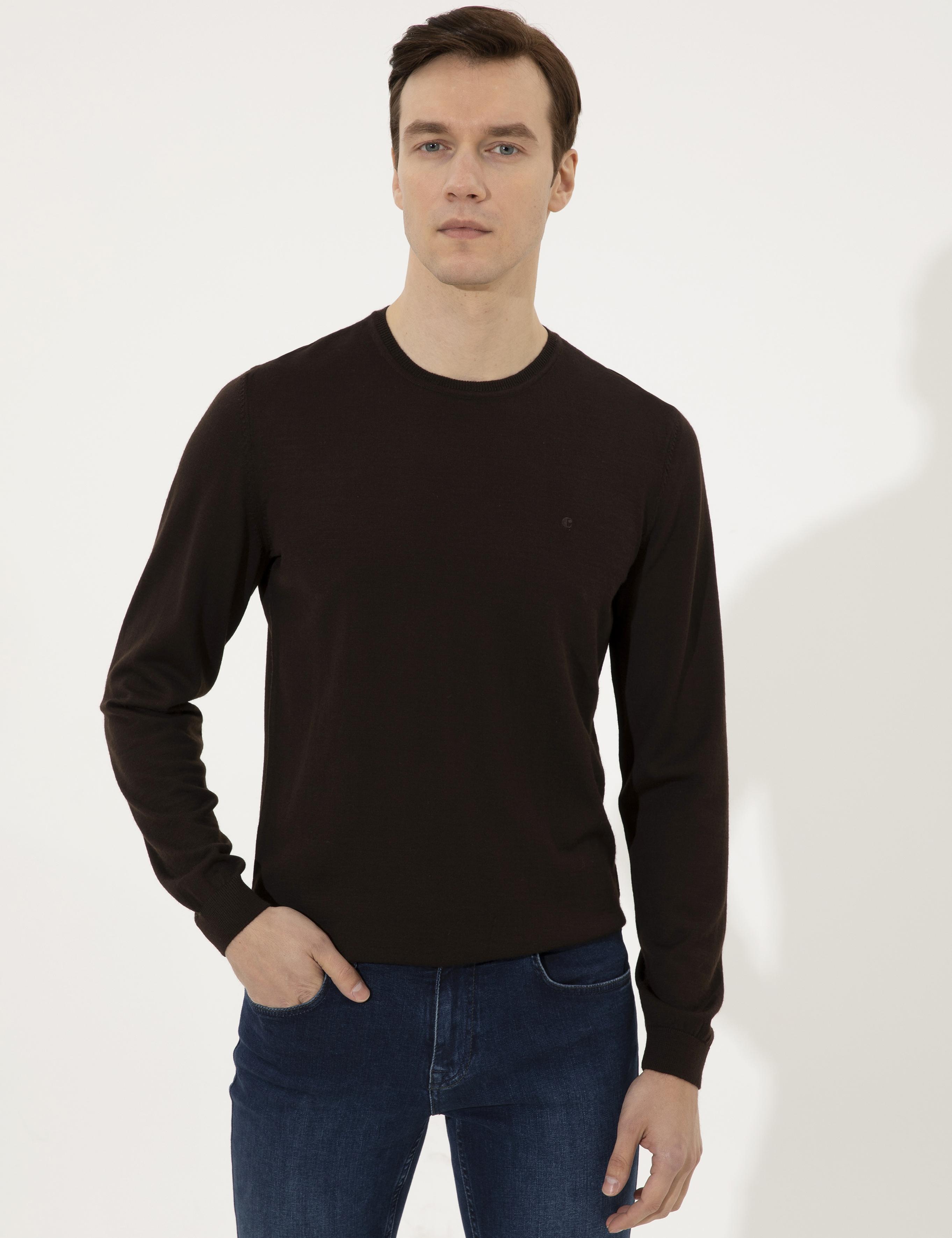Kahverengi Slim Fit Bisiklet Yaka Basic Triko Kazak - 50237038250