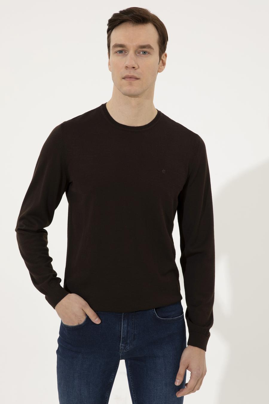 Kahverengi Slim Fit Bisiklet Yaka Basic Triko Kazak - 50237038250
