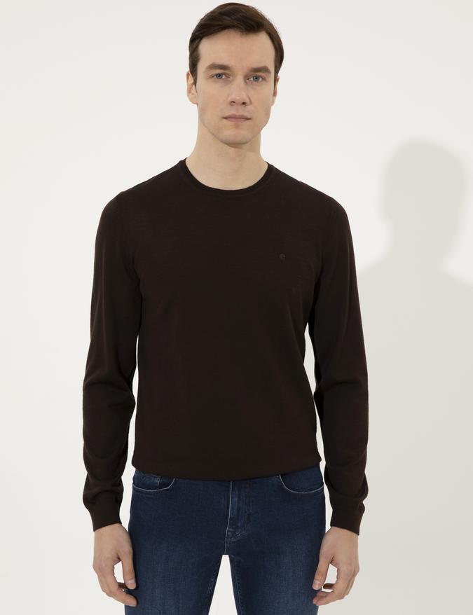 Kahverengi Slim Fit Bisiklet Yaka Basic Triko Kazak