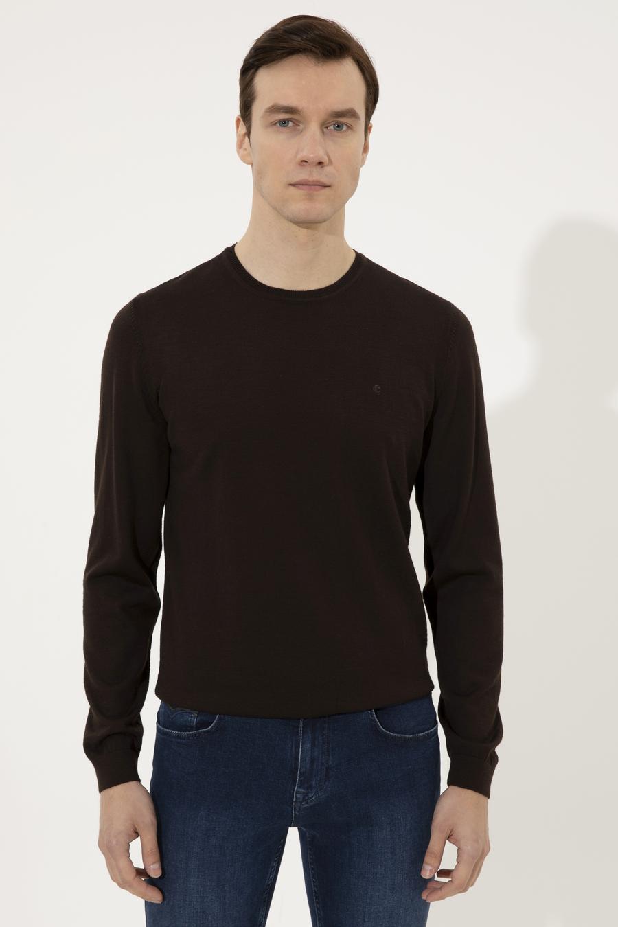 Kahverengi Slim Fit Bisiklet Yaka Basic Triko Kazak - 50237038250