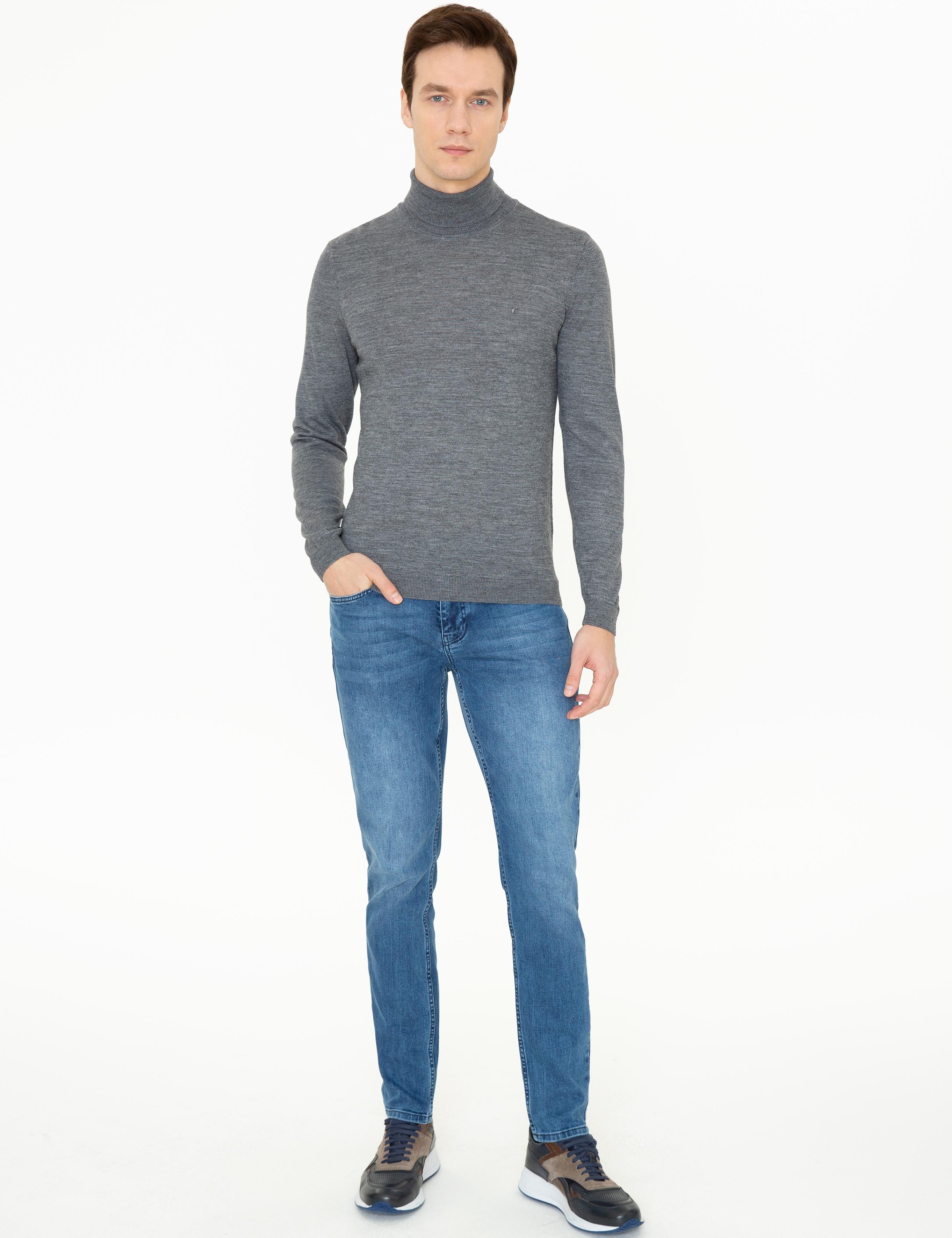 Açık Gri Melanj Slim Fit Balıkçı Yaka Basic Triko Kazak - 50237052019