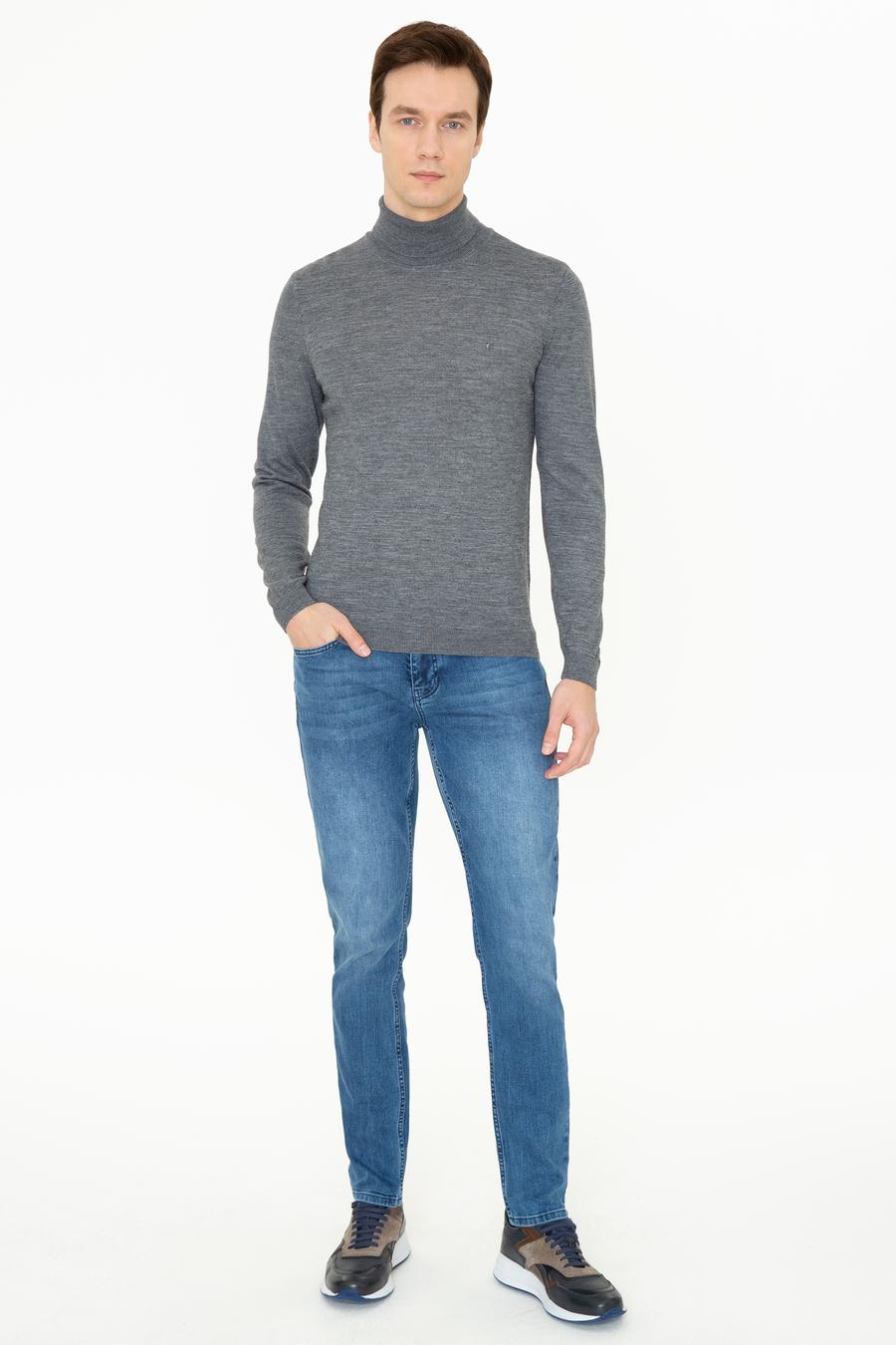 Açık Gri Melanj Slim Fit Balıkçı Yaka Basic Triko Kazak - 50237052019