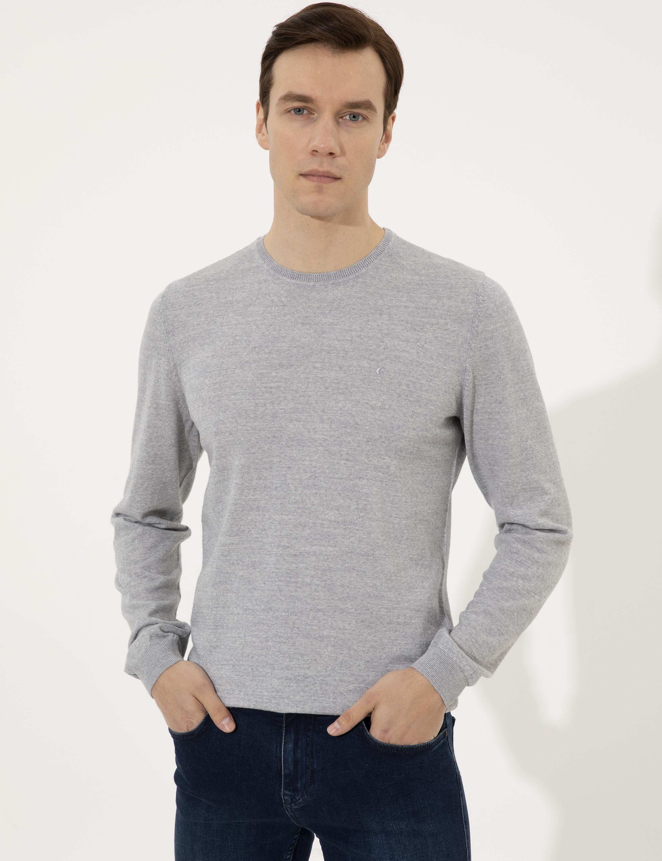 Gri Slim Fit Bisiklet Yaka Basic Triko Kazak - 50237038188