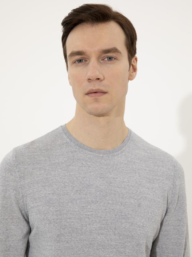 Gri Slim Fit Bisiklet Yaka Basic Triko Kazak