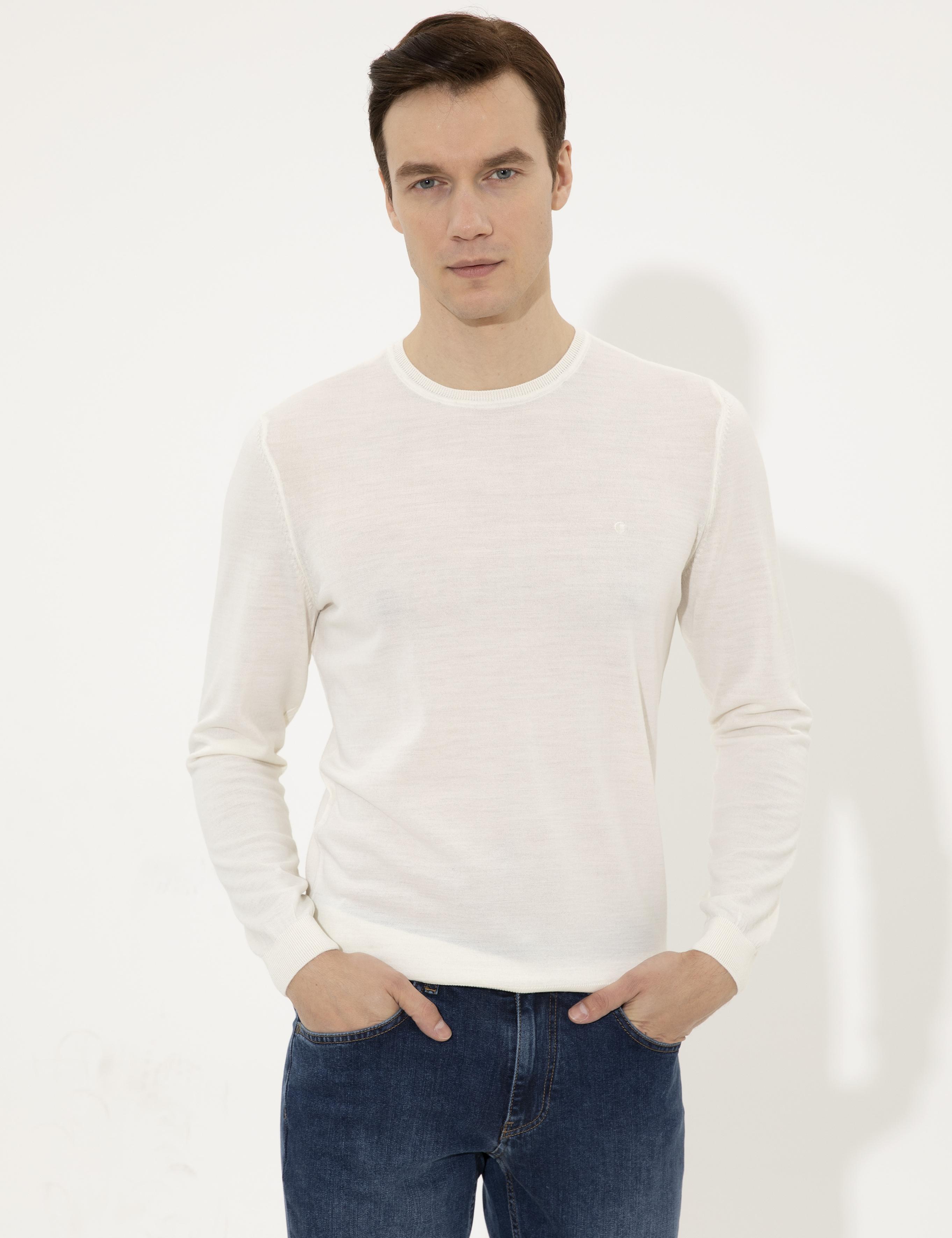Ekru Slim Fit Bisiklet Yaka Basic Triko Kazak - 50237038264