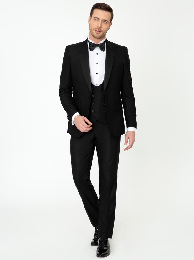 Siyah Slim Fit Yelekli Smokin Damatlık