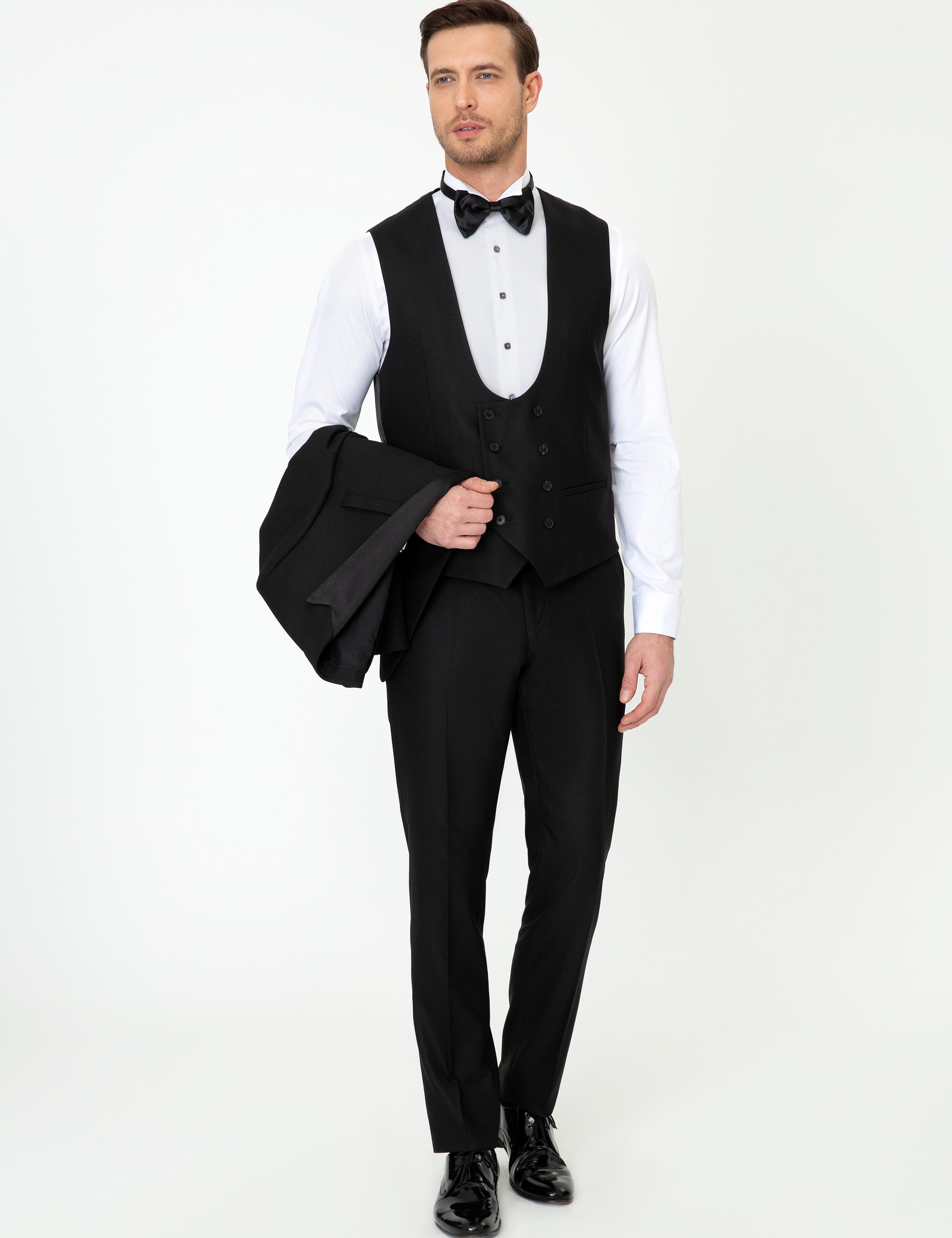 Siyah Slim Fit Yelekli Smokin Damatlık - 50252515020