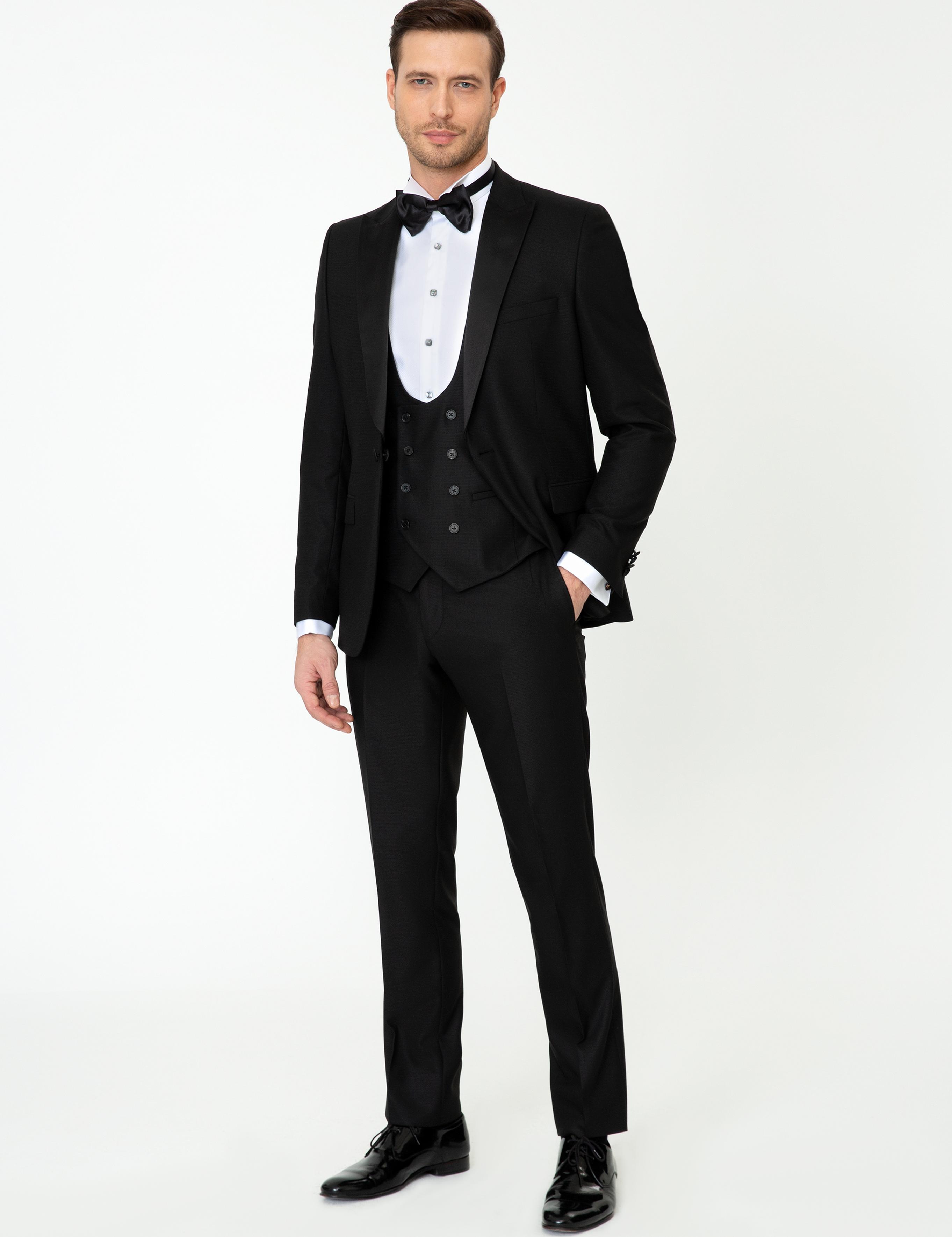 Siyah Slim Fit Yelekli Smokin Damatlık - 50252515020