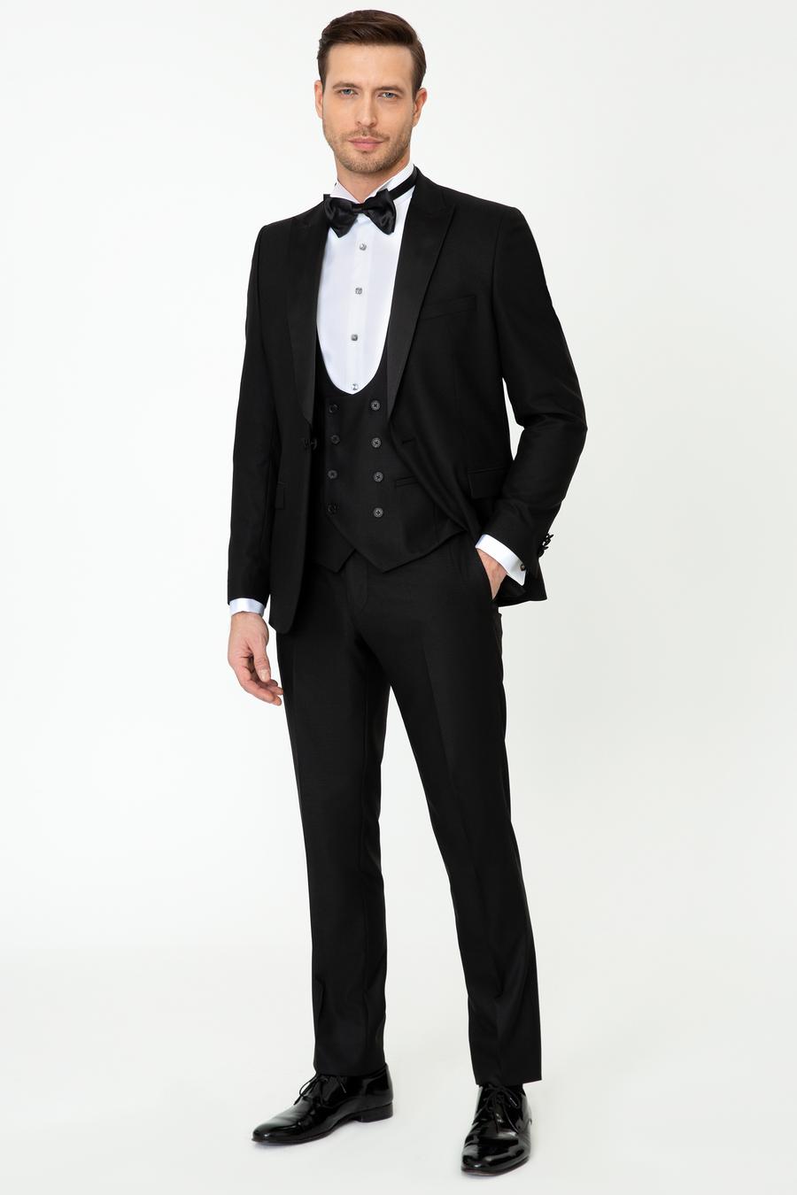 Siyah Slim Fit Yelekli Smokin Damatlık - 50252515020