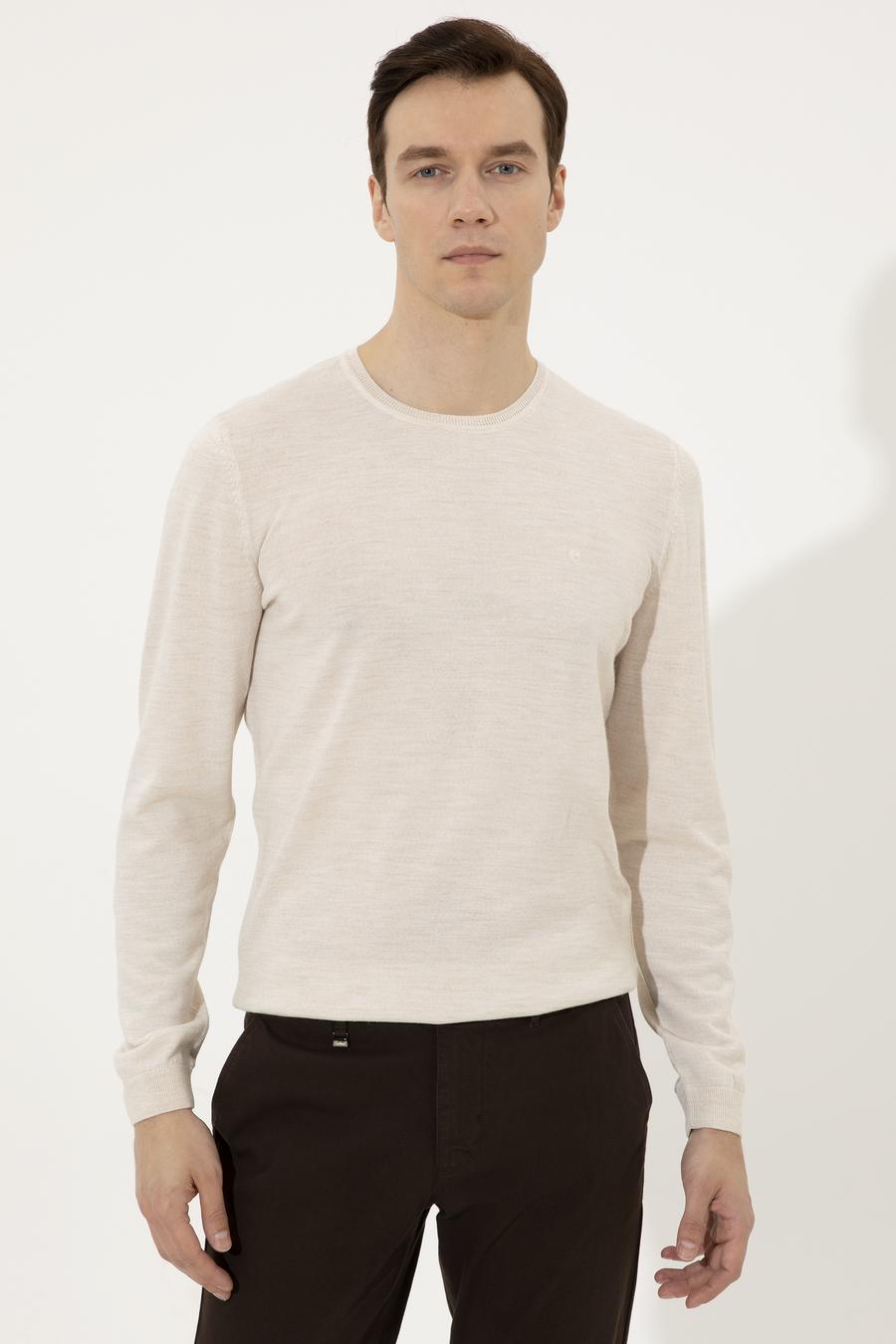 Bej Slim Fit Bisiklet Yaka Basic Triko Kazak - 50237038028