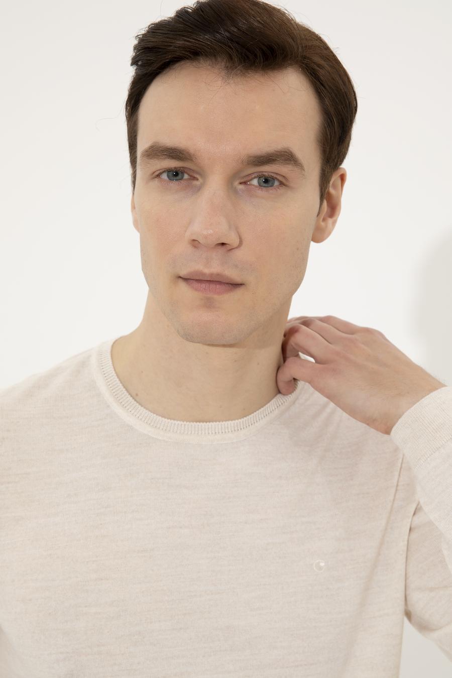Bej Slim Fit Bisiklet Yaka Basic Triko Kazak - 50237038028