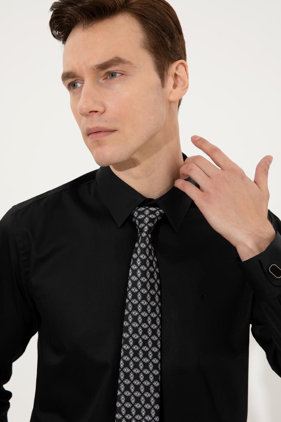 Siyah Slim Fit Uzun Kollu Basic Gömlek - 50223223082