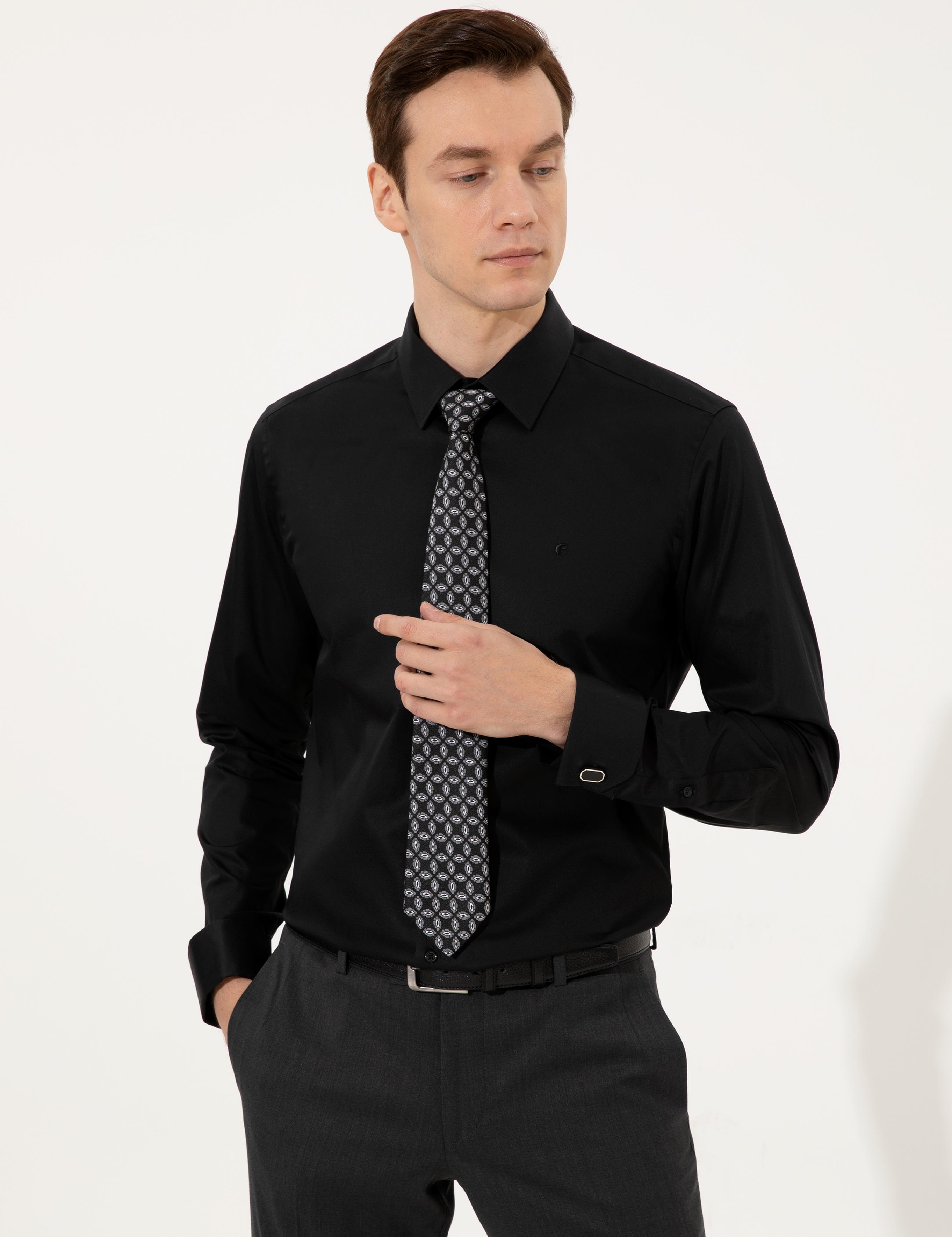 Siyah Slim Fit Uzun Kollu Basic Gömlek - 50223223082