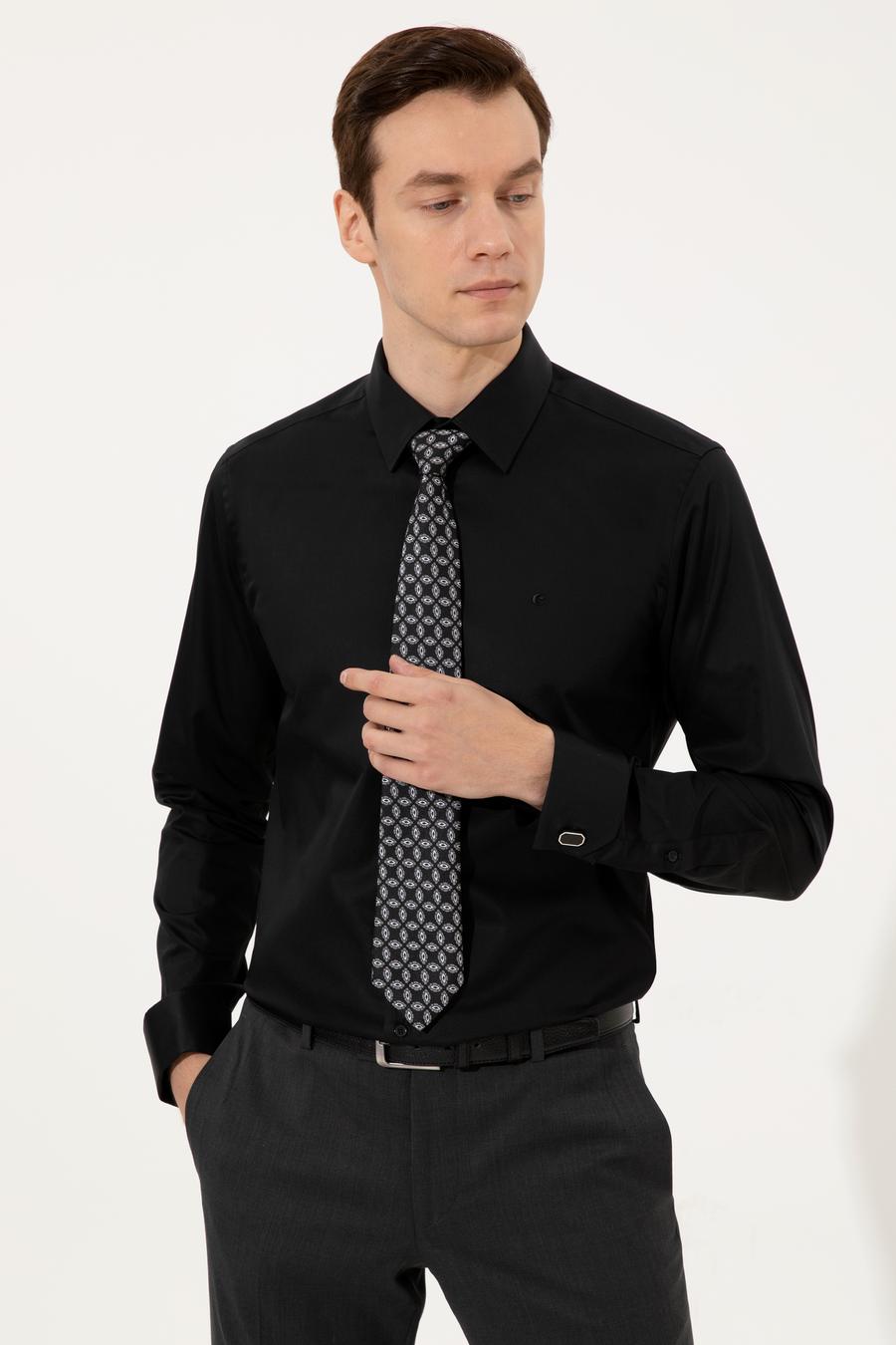 Siyah Slim Fit Uzun Kollu Basic Gömlek - 50223223082