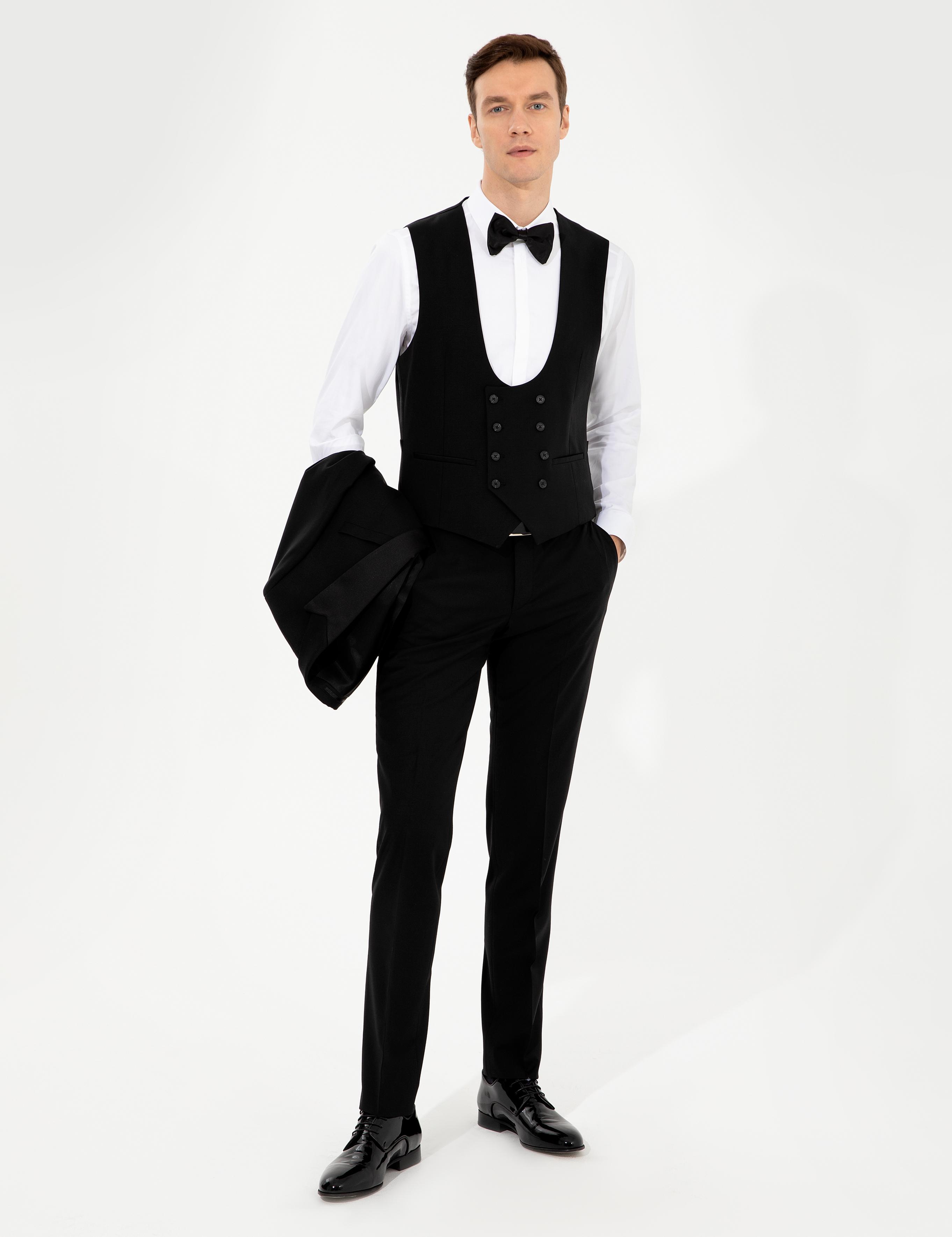 Siyah Slim Fit Yelekli Smokin Damatlık - 50250848011