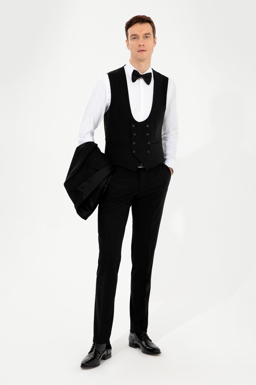 Siyah Slim Fit Yelekli Smokin Damatlık - 50250848011